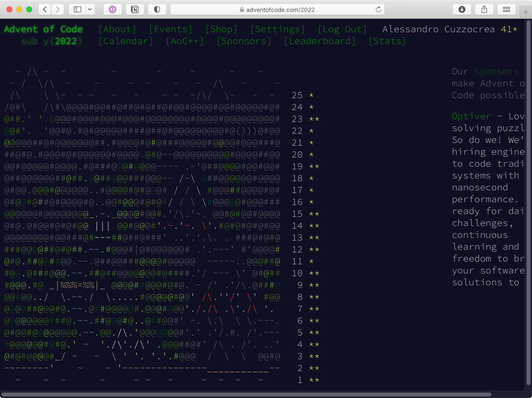 Screenshot of my progress on the Advent Of Code 2022, displaying the challenges I've completed for the year