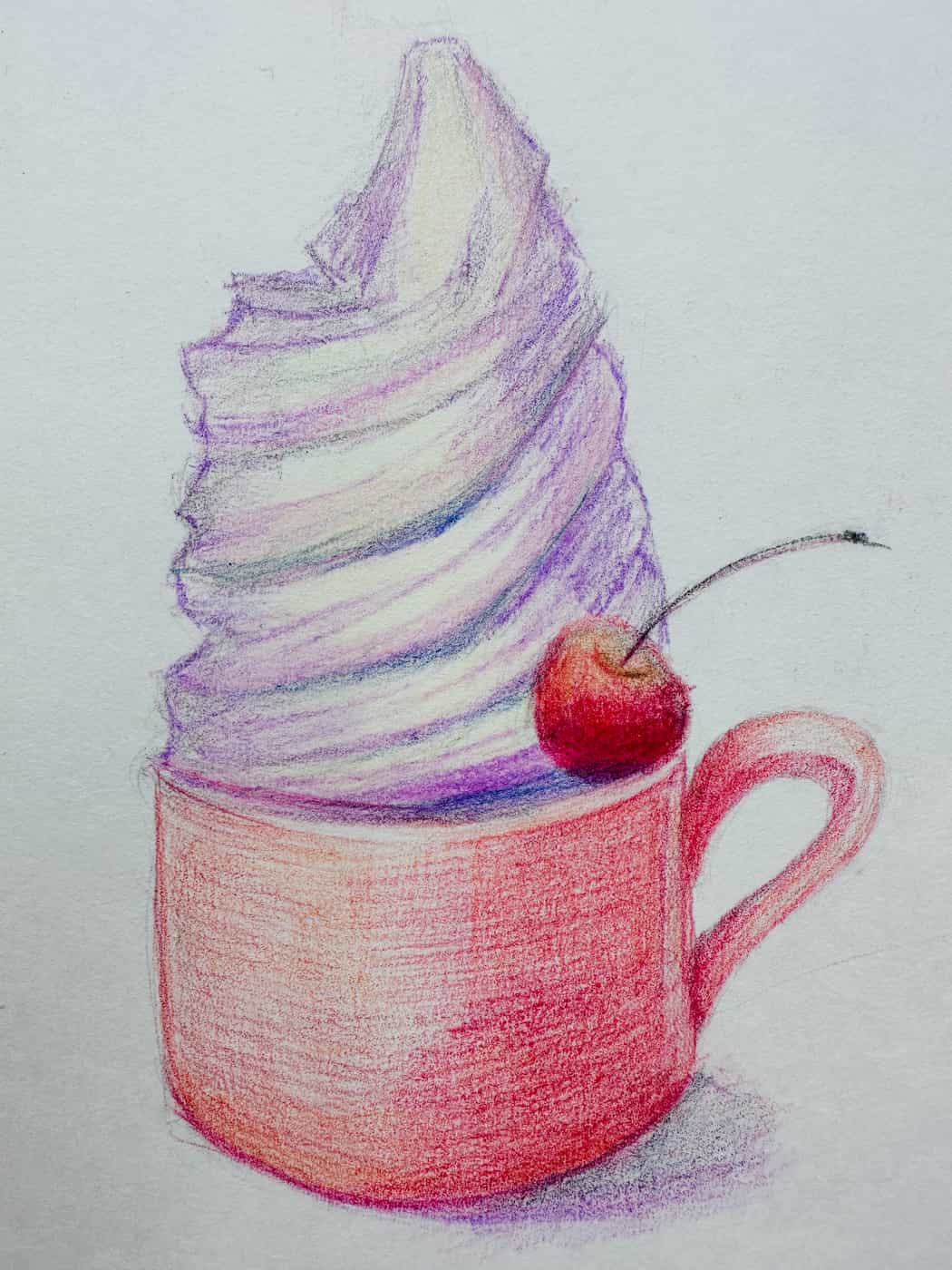 A drawing of a cup of ice cream with a cherry on top.