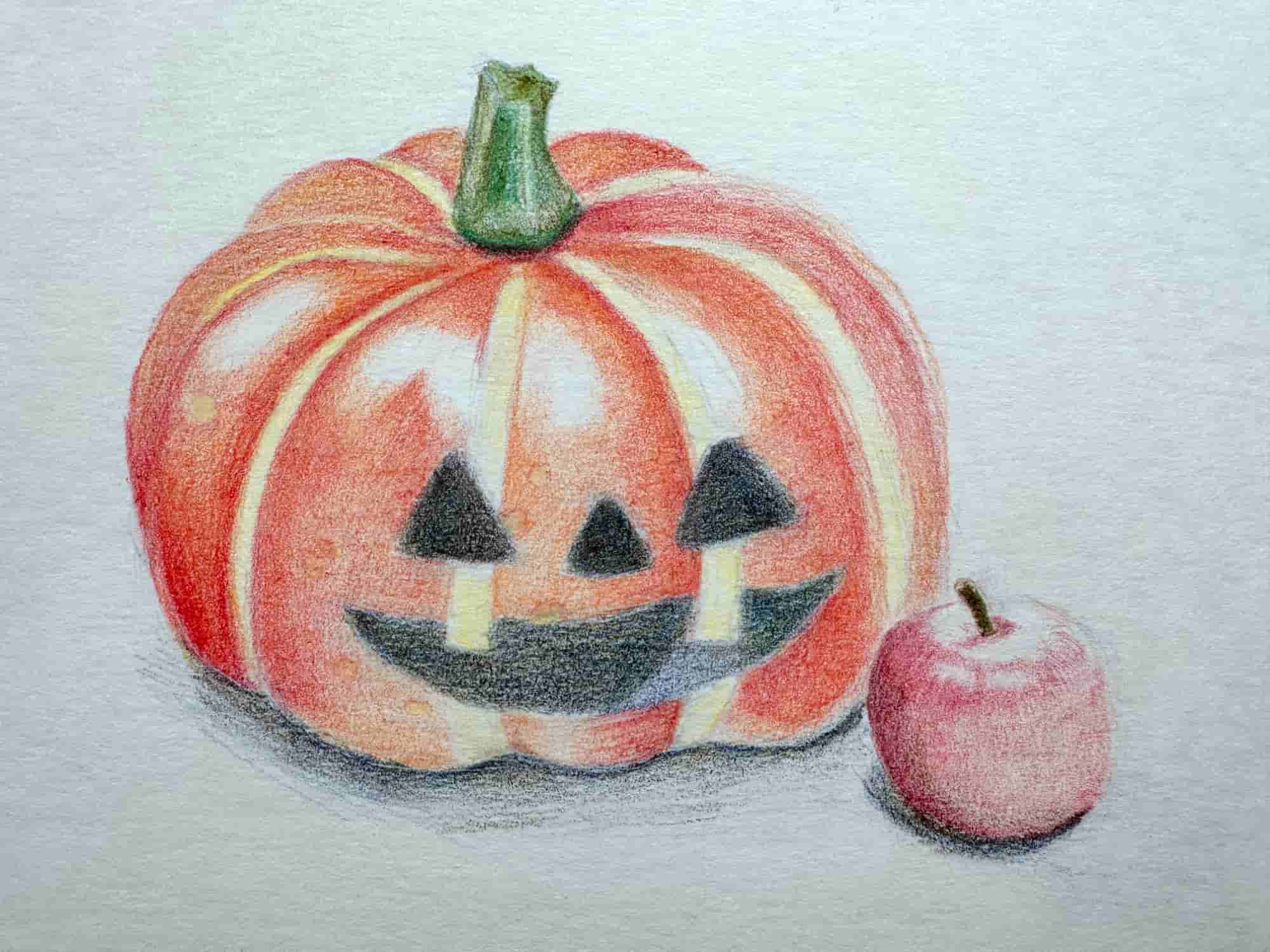 A work in progress drawing of a small pumpkin with an even smaller apple