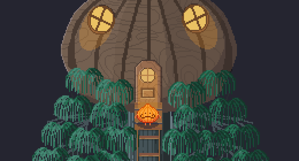 A nighttime pixel-art of an onion-shaped house with glowing yellow eyes, surrounded by greenery, and Chipaul the onion man on the doorstep