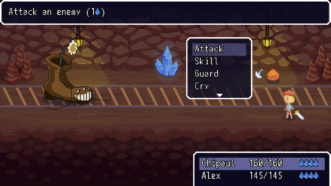 Pixel art battle scene showing Chipaul and Alex facing a boot enemy with a battle menu displaying options: 'Attack', 'Skill', 'Guard', and 'Cry'