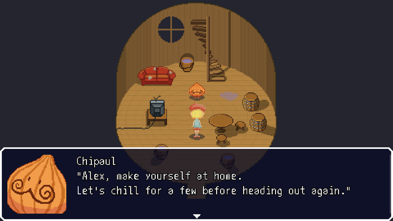 A pixel art game scene featuring a wooden room with a red couch, barrels, a TV set, a staircase, and Chipaul saying, 'Alex, make yourself at home. Let's chill for a few before heading out again.'