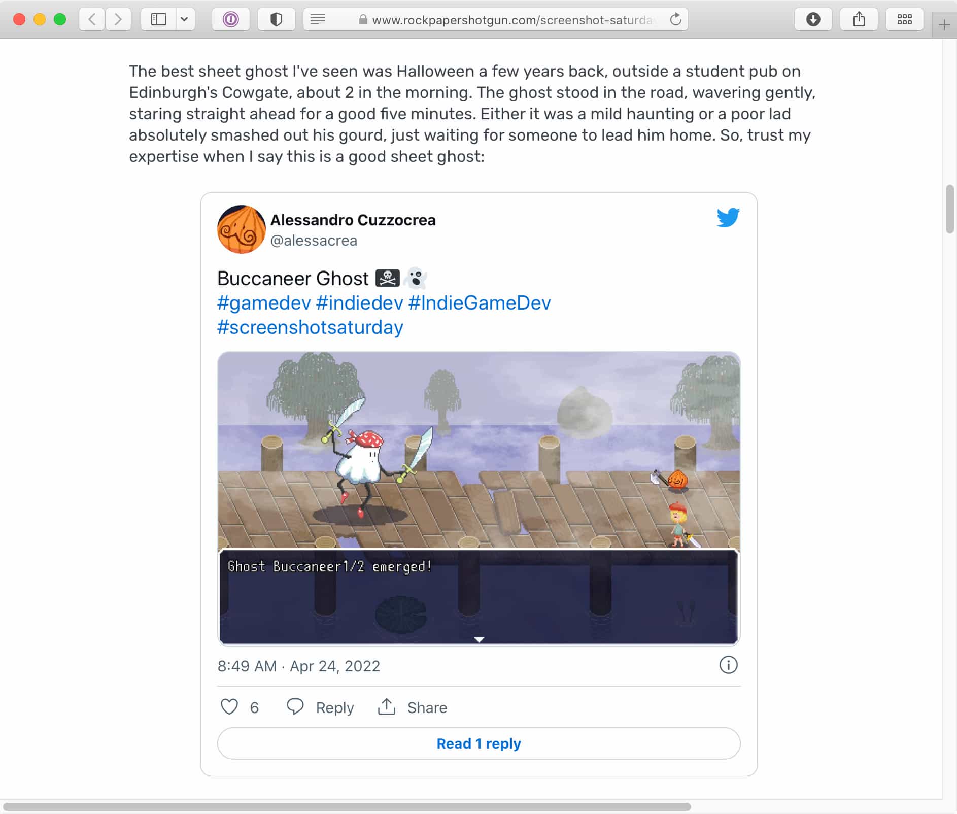An embedded tweet from Alessandro Cuzzocrea (@alessacrea) featured on Rock, Paper, Shotgun (RPS) showcasing a screenshot from rpg-2021-b
