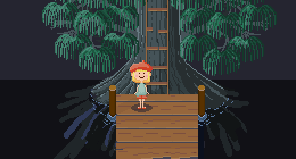 Pixel art depiction of Alex standing on a wooden dock by the water at night, with a tall ladder leading up to a dense canopy of trees