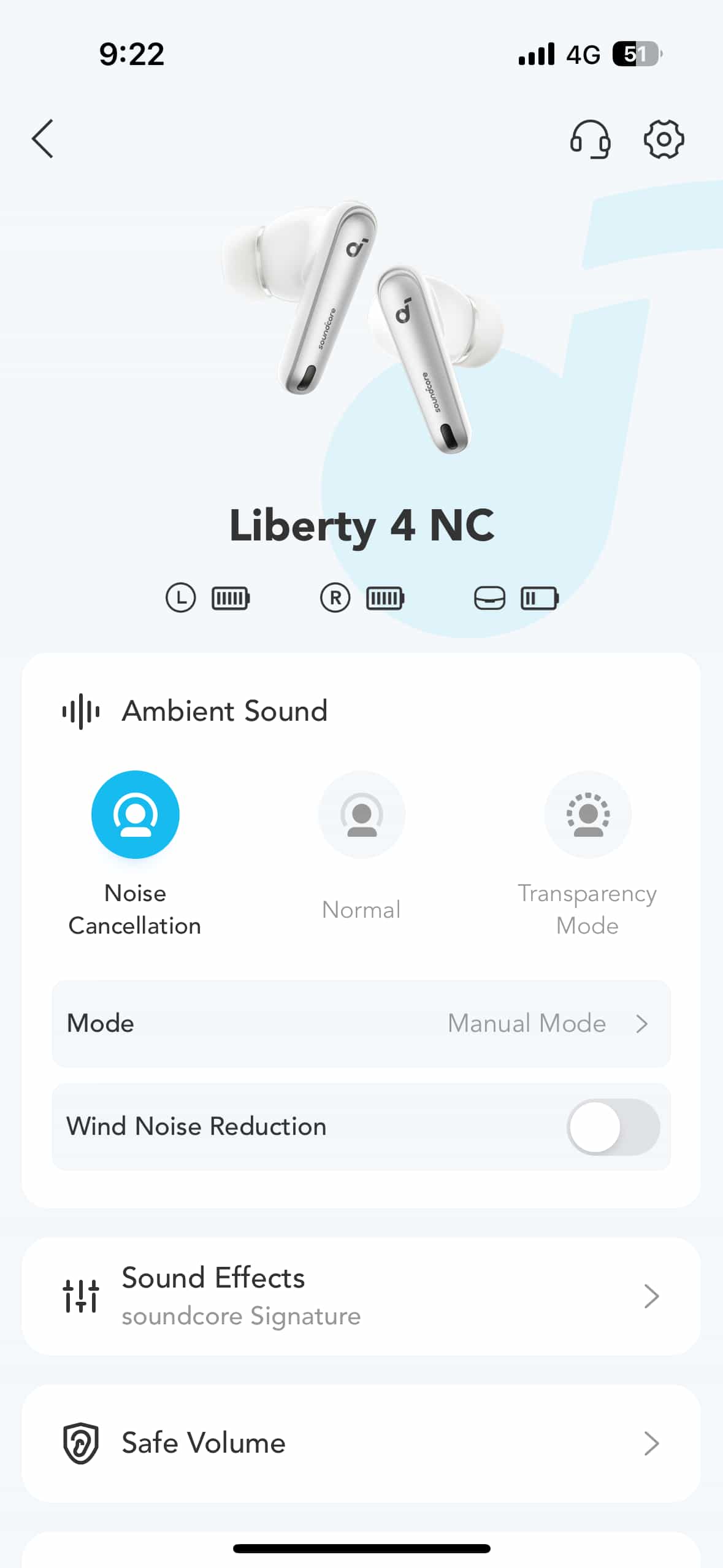 iOS screenshot of the Anker Soundcore app displaying Liberty 4 NC wireless earbuds settings with options for Ambient Sound, Noise Cancellation, Transparency Mode, Manual Mode selection, Wind Noise Reduction toggle, Sound Effects customization, and Safe Volume feature