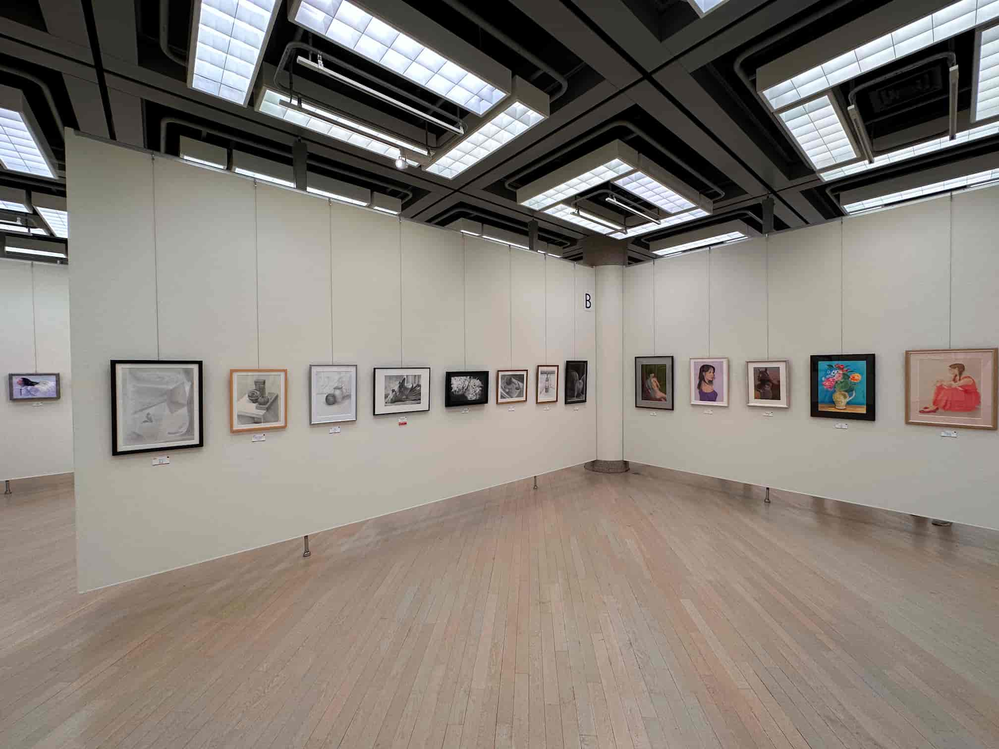Art exhibition space with a wall dedicated to graphite drawings