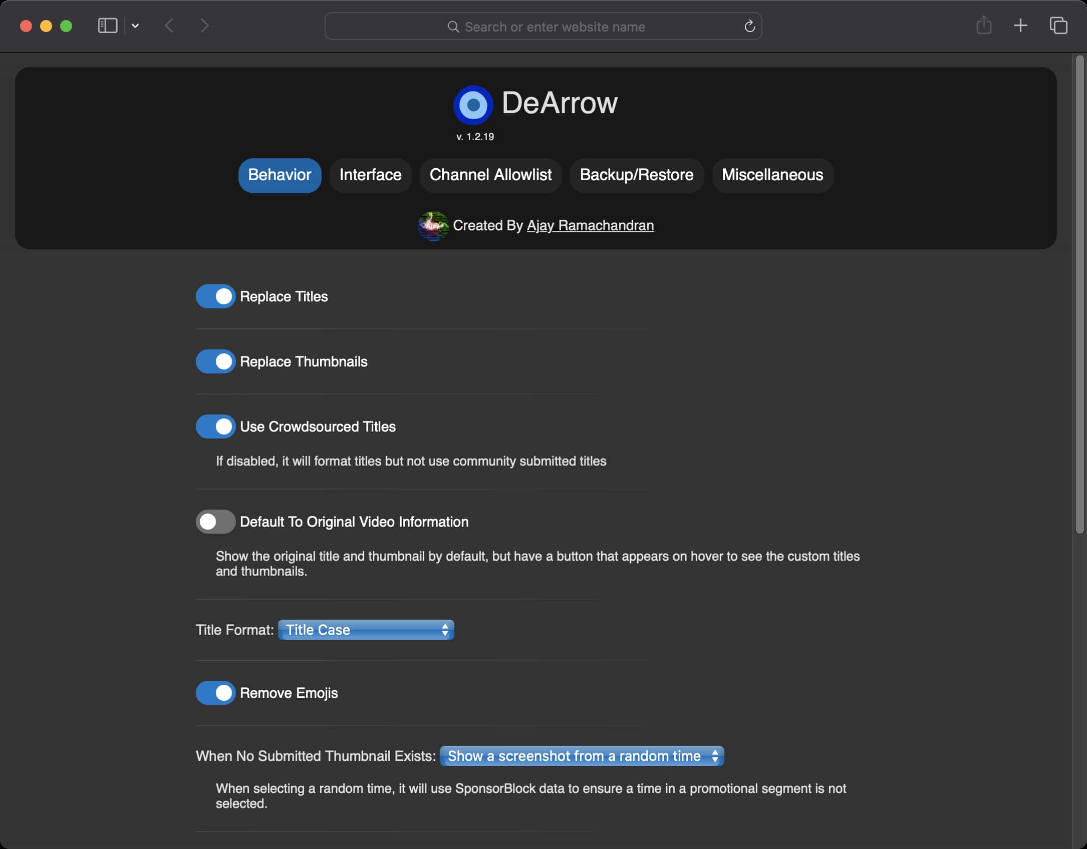 Screenshot of the DeArrow browser extension settings page with options to replace titles and thumbnails, use crowdsourced titles, and remove emojis