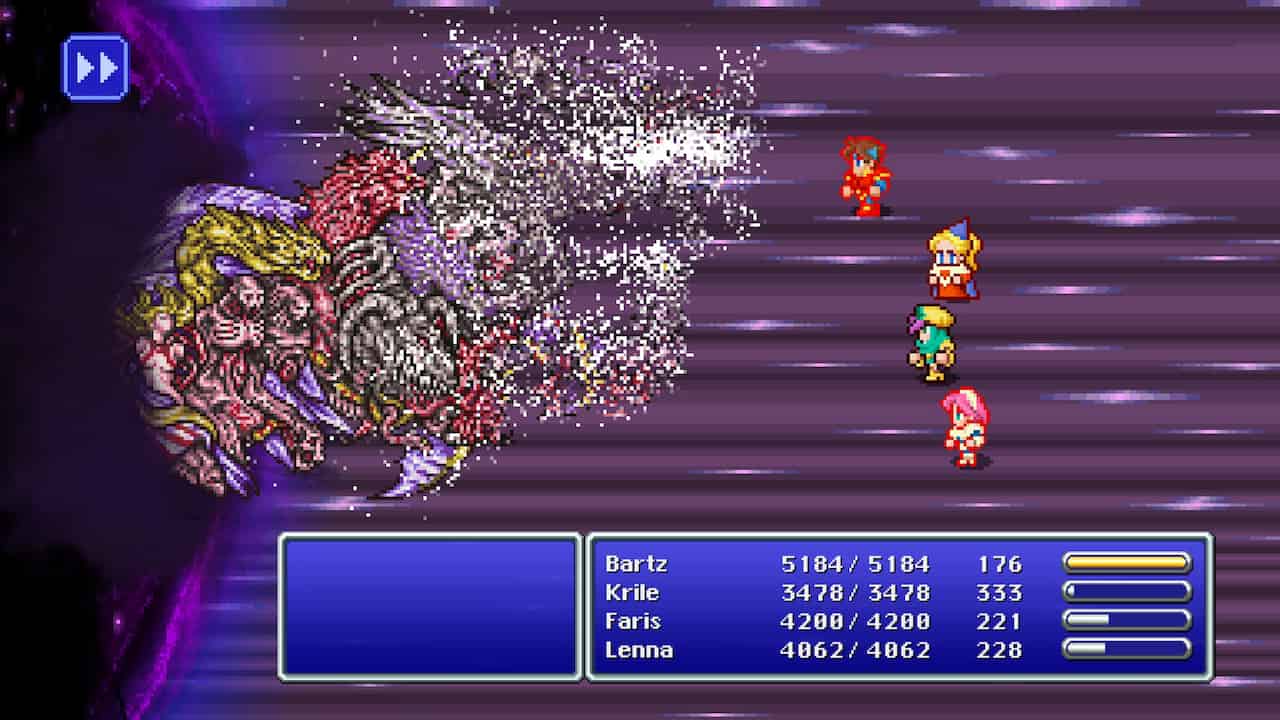 Screenshot from Final Fantasy V Pixel Remaster displaying the player's party post-victory over the final boss, Neo Exdeath, with characters Bartz, Krile, Faris, and Lenna