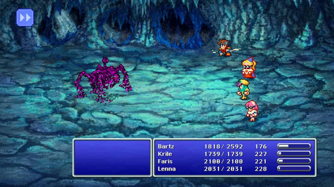 Screenshot from Final Fantasy V capturing the moment after the player's party has defeated Omega, with characters Bartz, Krile, Faris, and Lenna