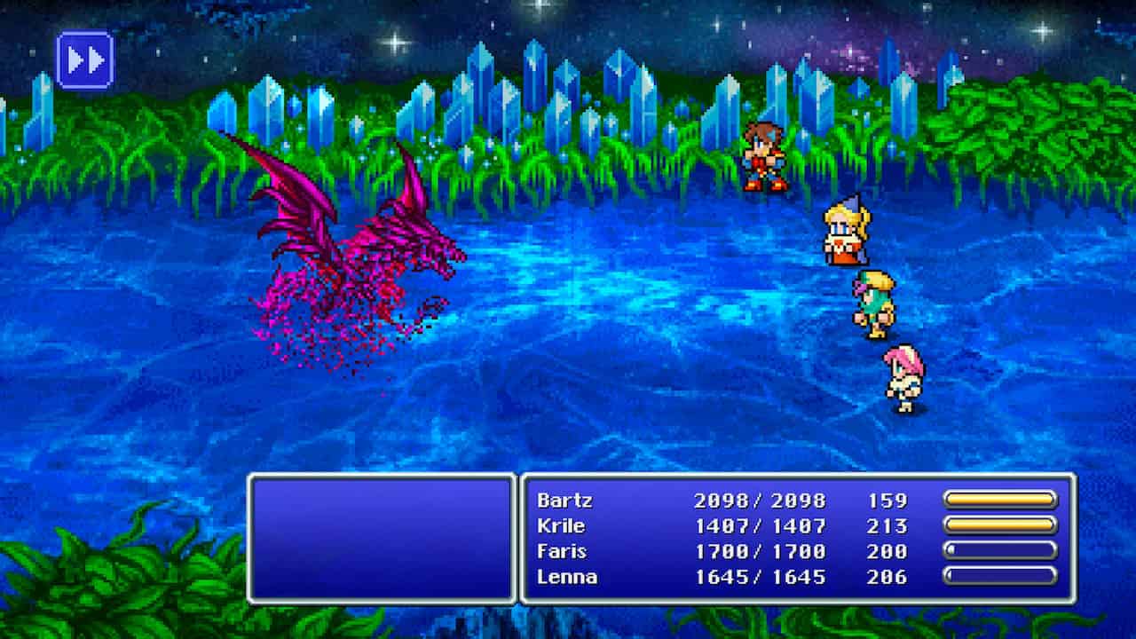Screenshot from Final Fantasy V after the player's party has triumphed over Shinryu, with characters Bartz, Krile, Faris, and Lenna
