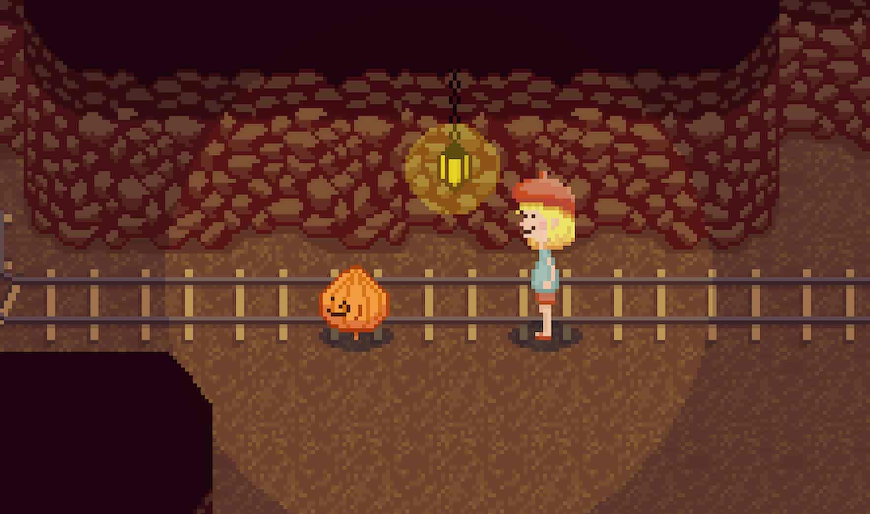 Scene from Tearful Heart showing two characters, Chipaul and Alex, in a cave with a glowing lantern and a minecart track