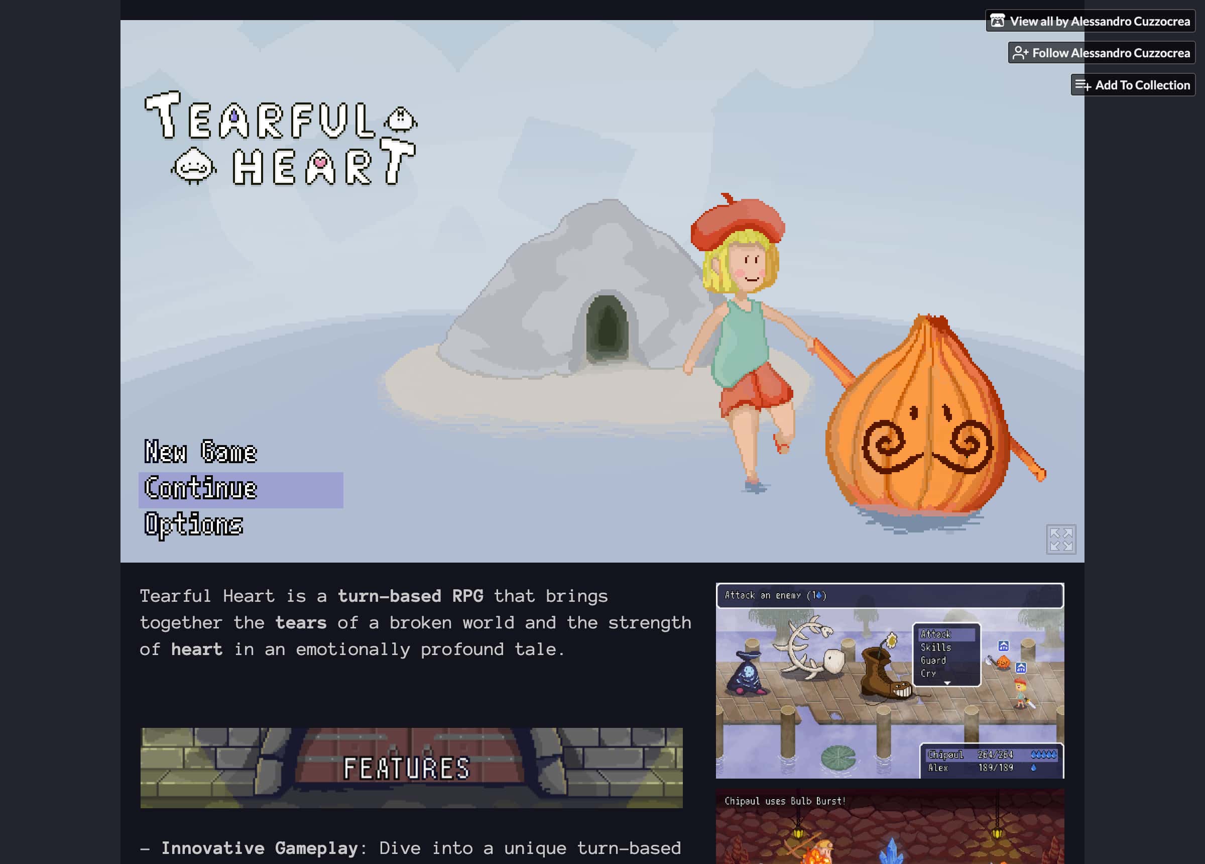 Screenshot of the Tearful Heart RPG game's Itch.io page, featuring a pixel art main menu and a brief description of the game as a turn-based RPG set in a heartfelt, emotional story