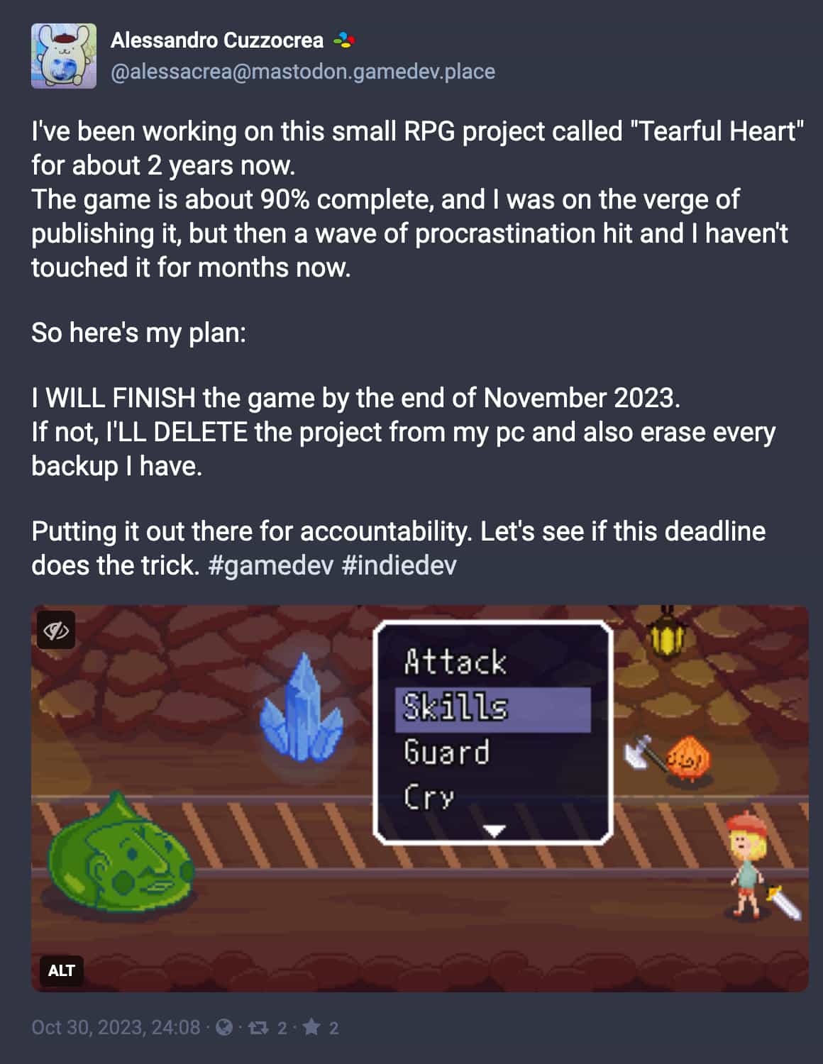 Screenshot of a Mastodon post by Alessandro Cuzzocrea, detailing their commitment to finish the RPG Tearful Heart by the end of November 2023, with the ultimatum of deleting the project if not completed. The post includes an image of the game's combat system