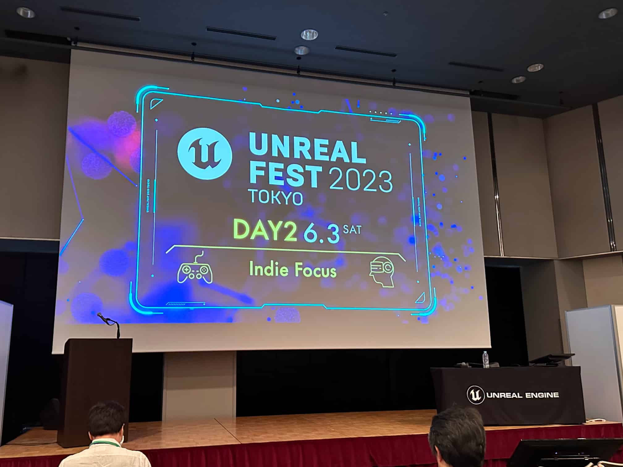 Unreal Fest 2023 Tokyo conference stage on Day 2, focused on indie game development