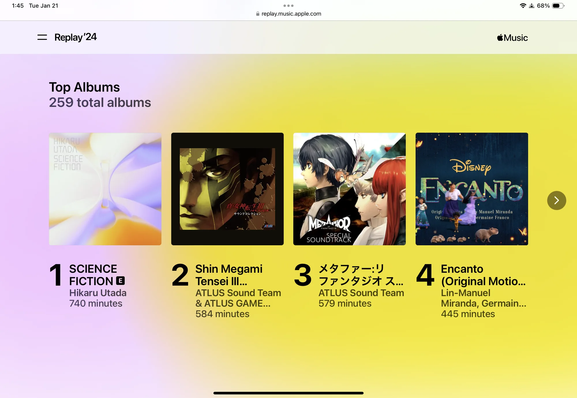 Apple Music Replay 2024 showing top albums: 1. SCIENCE FICTION - Hikaru Utada - 740 min 2. Shin Megami Tensei III OST - ATLUS Sound Team - 584 min 3. Metaphor: ReFantazio Special Soundtrack - ATLUS Sound Team - 579 min 4. Encanto OST - Lin-Manuel Miranda, Germaine Franco - 445 min