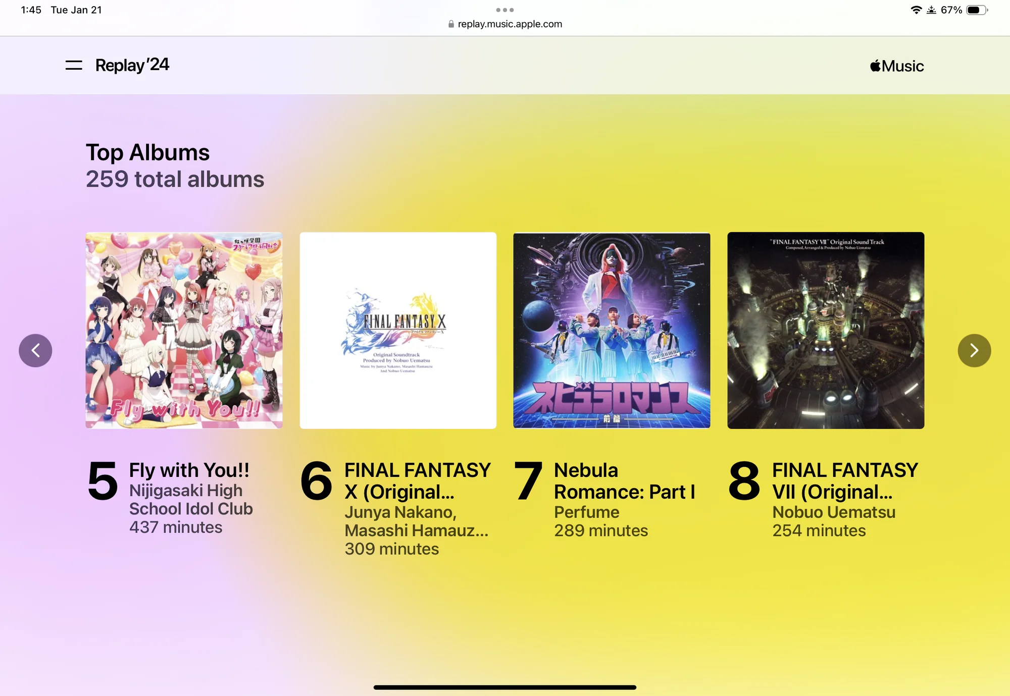 Apple Music Replay 2024 showing top albums: 5. Fly with You!! - Nijigasaki High School Idol Club - 437 min 6. FINAL FANTASY X (Original Soundtrack) - Junya Nakano, Masashi Hamauzu - 309 min 7. Nebula Romance: Part I - Perfume - 289 min 8. FINAL FANTASY VII (Original Soundtrack) - Nobuo Uematsu - 254 min