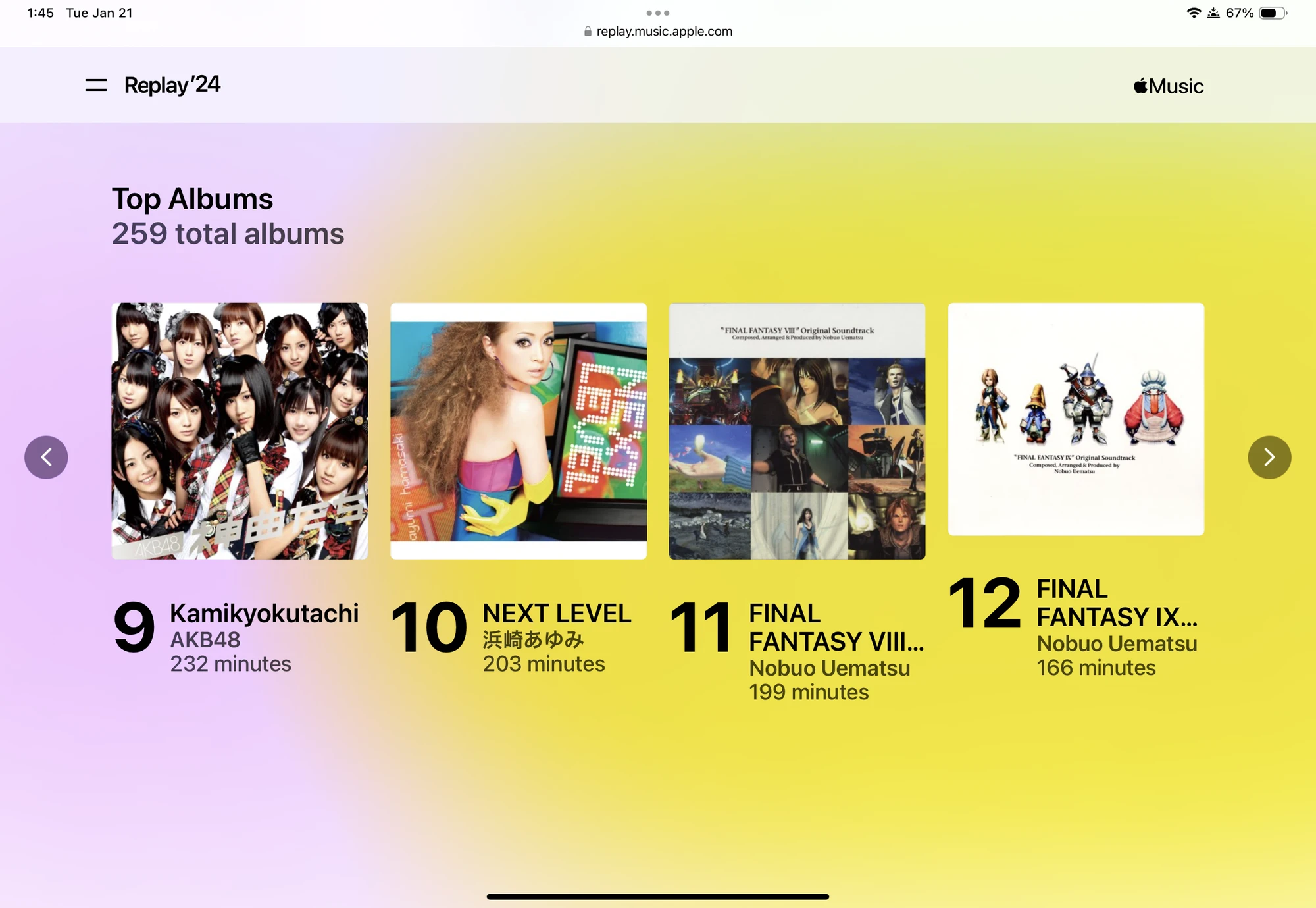 Apple Music Replay 2024 showing top albums: 9. Kamikyokutachi - AKB48 - 232 min 10. NEXT LEVEL - 浜崎あゆみ (Ayumi Hamasaki) - 203 min 11. FINAL FANTASY VIII OST - Nobuo Uematsu - 199 min 12. FINAL FANTASY IX OST - Nobuo Uematsu - 166 min