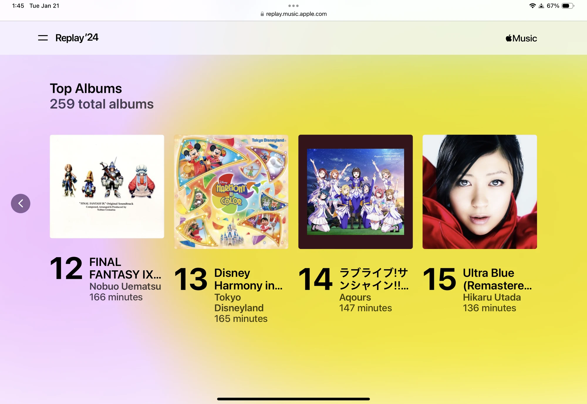 Apple Music Replay 2024 showing top albums: 12. FINAL FANTASY IX OST - Nobuo Uematsu - 166 min 13. Disney Harmony in Color - Tokyo Disneyland - 165 min 14. ラブライブ! サンシャイン!! Aqours CLUB CD - Aqours - 147 min 15. Ultra Blue (Remastered) - Hikaru Utada - 136 min