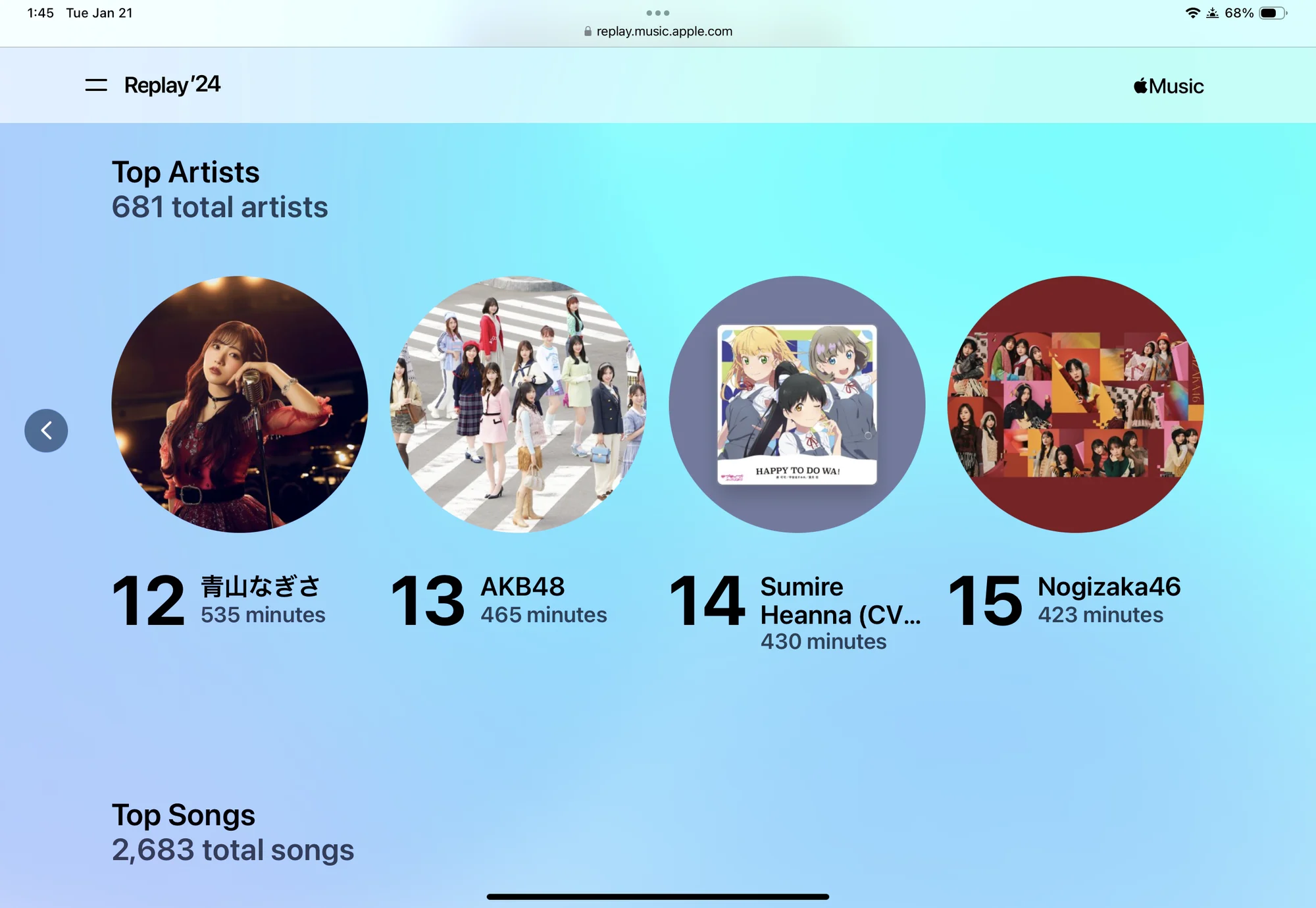 Apple Music Replay 2024 showing top artists: 12. 青山なぎさ (Nagisa Aoyama) - 535 min 13. AKB48 - 465 min 14. Sumire Heanna (CV) - 430 min 15. Nogizaka46 - 423 min