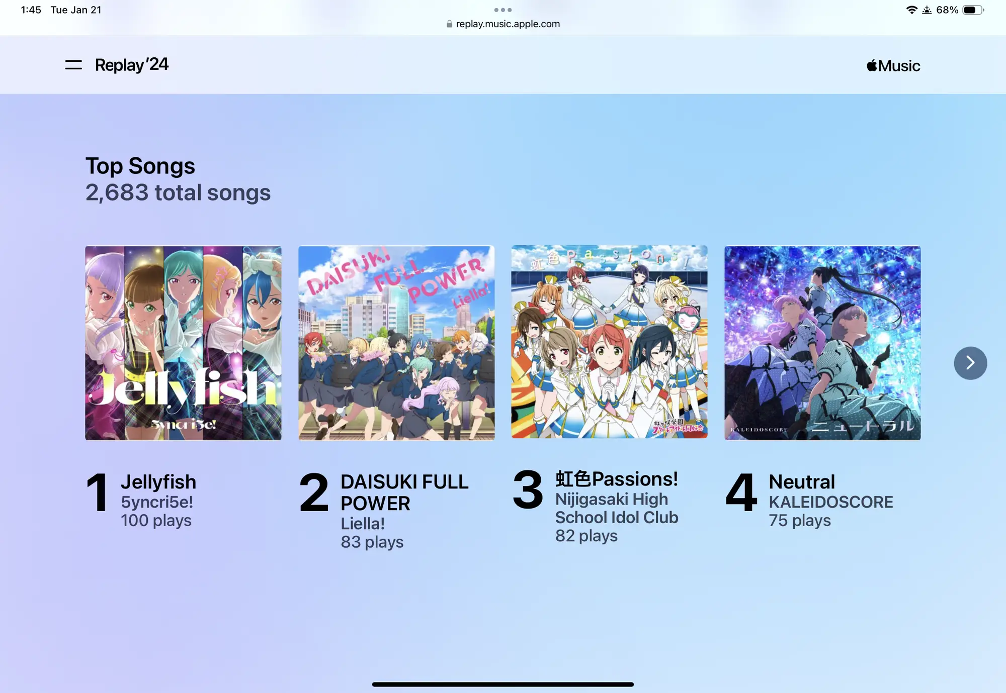 Apple Music Replay 2024 showing top songs: 1. Jellyfish - 5yncri5e! - 100 plays 2. DAISUKI FULL POWER - Liella! - 83 plays 3. 虹色Passions! - Nijigasaki High School Idol Club - 82 plays 4. Neutral - KALEIDOSCORE - 75 plays