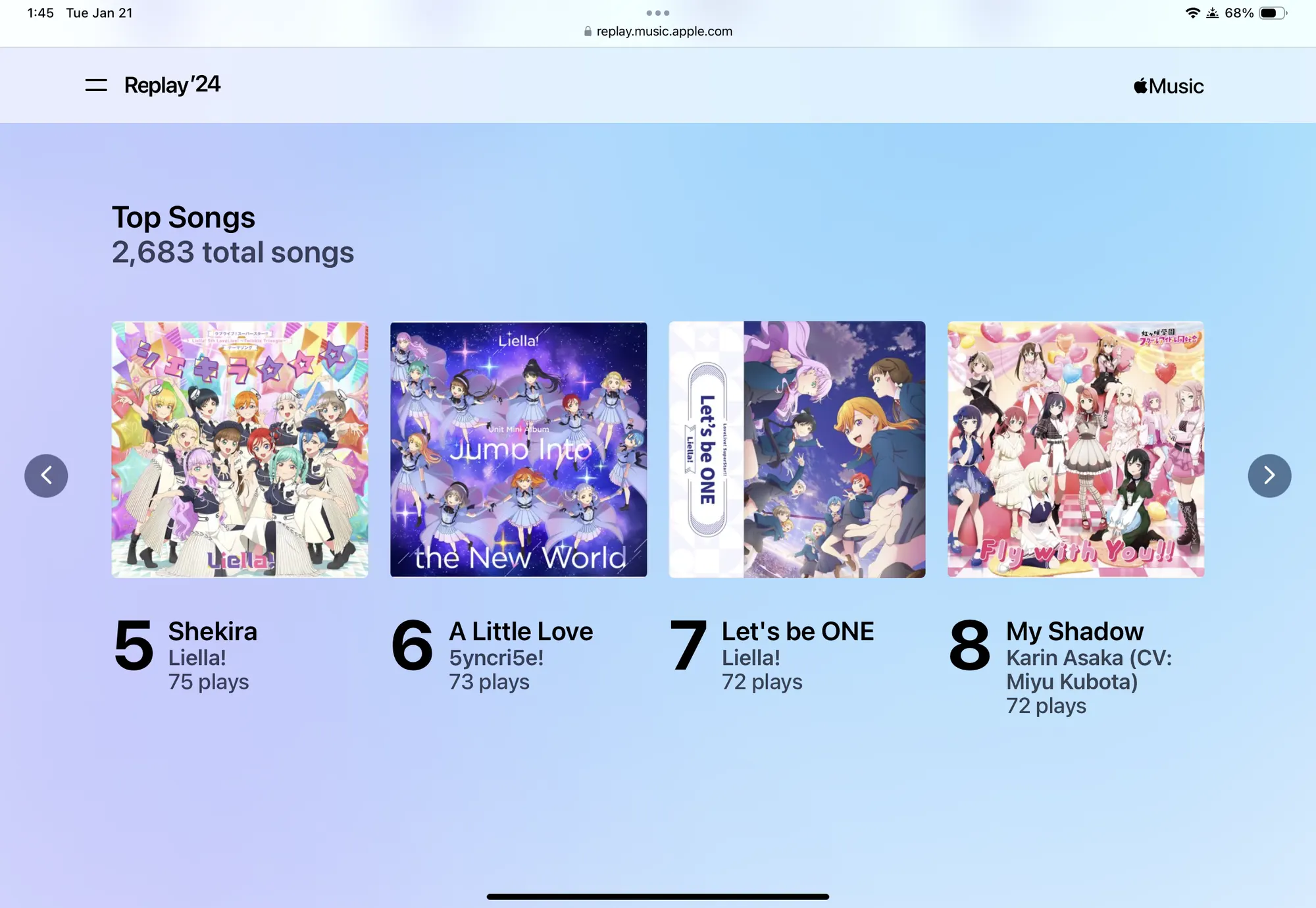 Apple Music Replay 2024 showing top songs: 5. Shekira - Liella! - 75 plays 6. A Little Love - 5yncri5e! - 73 plays 7. Let's be ONE - Liella! - 72 plays 8. My Shadow - Karin Asaka (CV: Miyu Kubota) - 72 plays