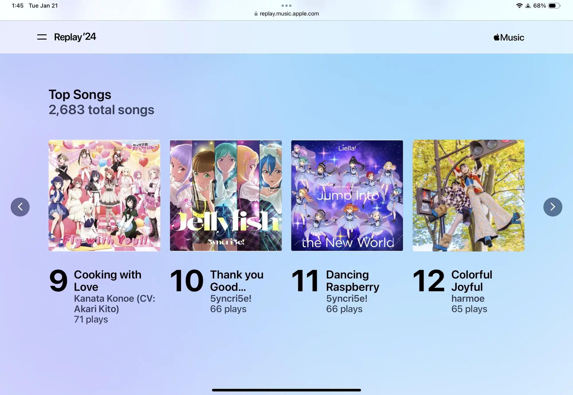 Apple Music Replay 2024 showing top songs: 9. Cooking with Love - Kanata Konoe (CV: Akari Kito) - 71 plays 10. Thank you Good... - 5yncri5e! - 66 plays 11. Dancing Raspberry - 5yncri5e! - 66 plays 12. Colorful Joyful - harmoe - 65 plays