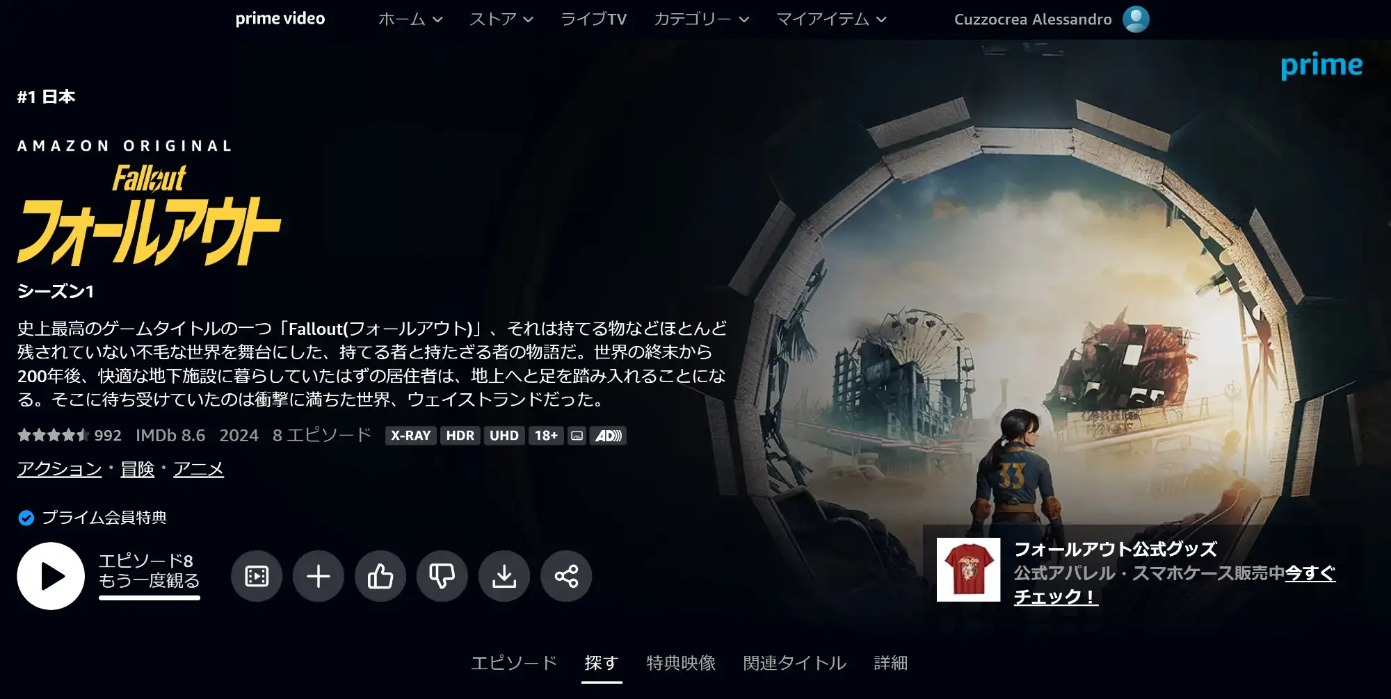 Screenshot of the Amazon Prime Video page for the Fallout TV series in Japanese, showing the Season 1 key art of Lucy MacLean (Ella Purnell) in a blue and yellow Vault 33 jumpsuit looking out through a massive vault door into a post-apocalyptic wasteland. Rated IMDb 8.6, ranked #1 in Japan
