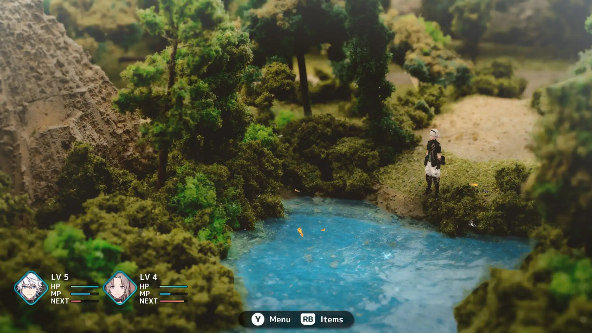 FANTASIAN Neo Dimension exploration gameplay showing Leo standing by a blue river in a lush diorama-style forest environment, with Leo and Kina's portraits and HP/MP bars displayed in the bottom left corner