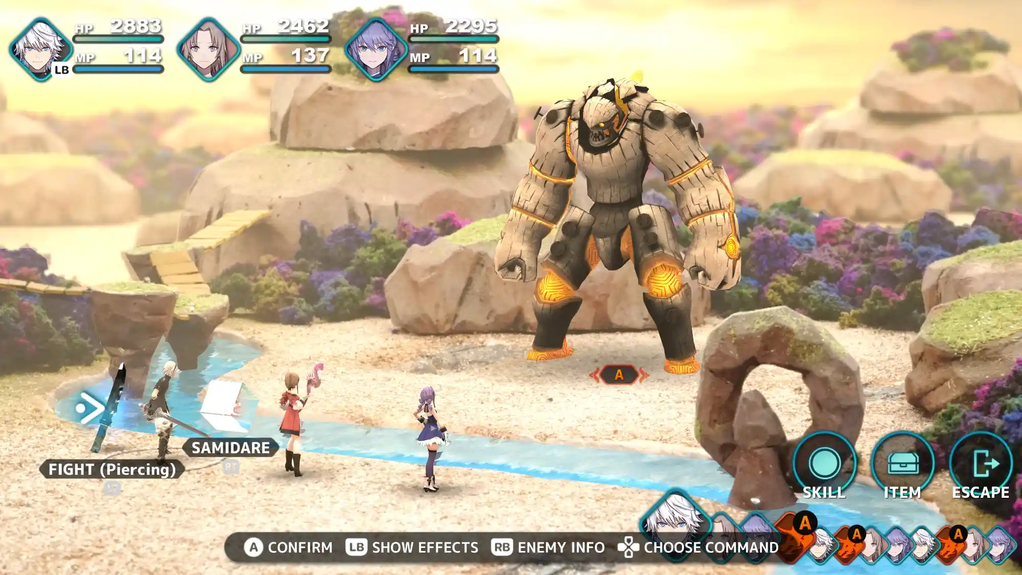 FANTASIAN Neo Dimension battle scene showing Leo, Kina, and Cheryl facing a large stone golem boss with glowing orange runes, with Leo's FIGHT (Piercing) command SAMIDARE selected and SKILL, ITEM, and ESCAPE options visible