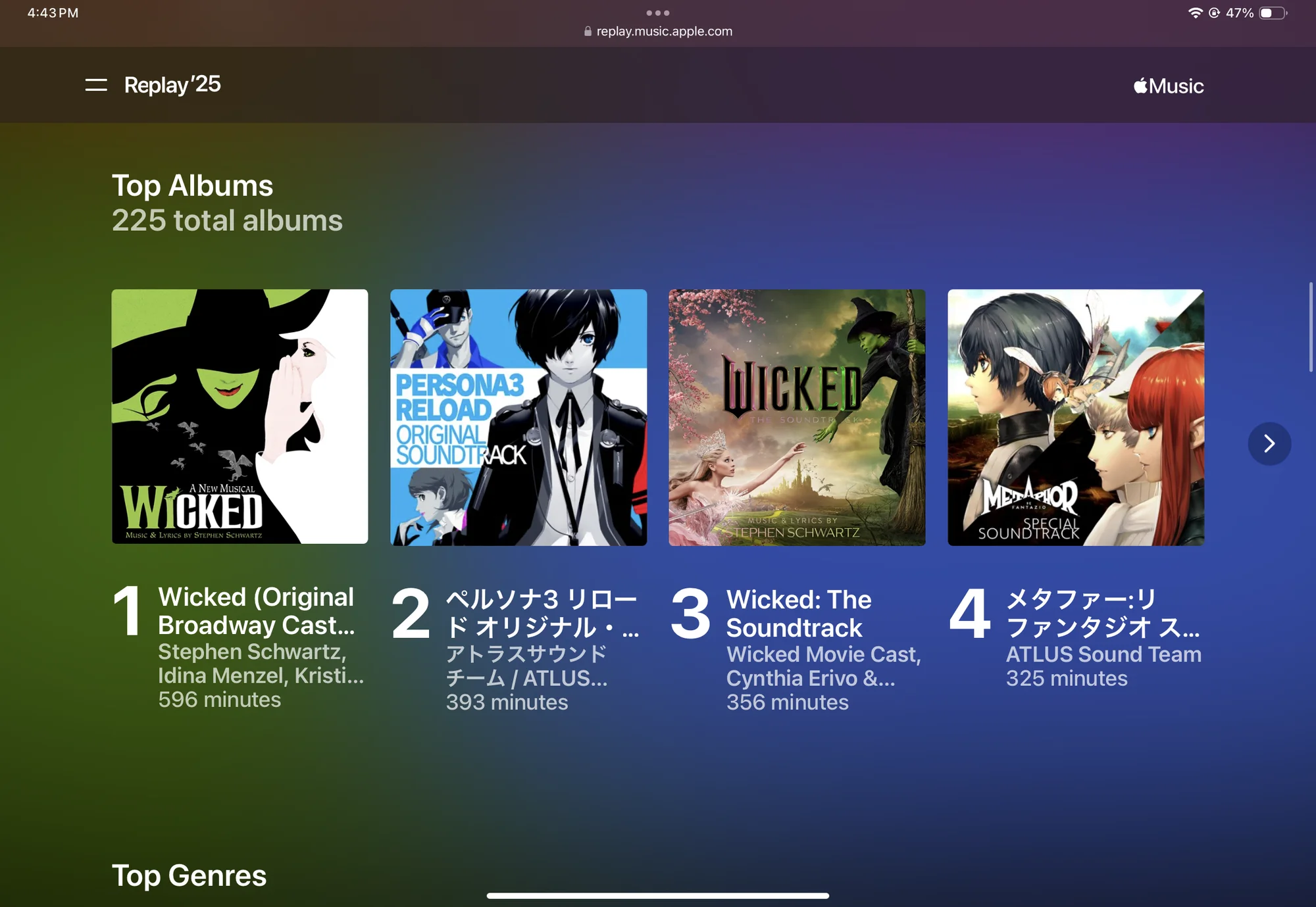 Apple Music Replay 2025 showing top albums: 1. Wicked (Original Broadway Cast Recording) - Stephen Schwartz, Idina Menzel, Kristin Chenoweth - 596 min 2. ペルソナ3 リロード オリジナル・サウンドトラック (Persona 3 Reload) - ATLUS Sound Team - 393 min 3. Wicked: The Soundtrack - Wicked Movie Cast, Cynthia Erivo & Ariana Grande - 356 min 4. メタファー:リファンタジオ スペシャル・サウンドトラック (Metaphor: ReFantazio) - ATLUS Sound Team - 325 min