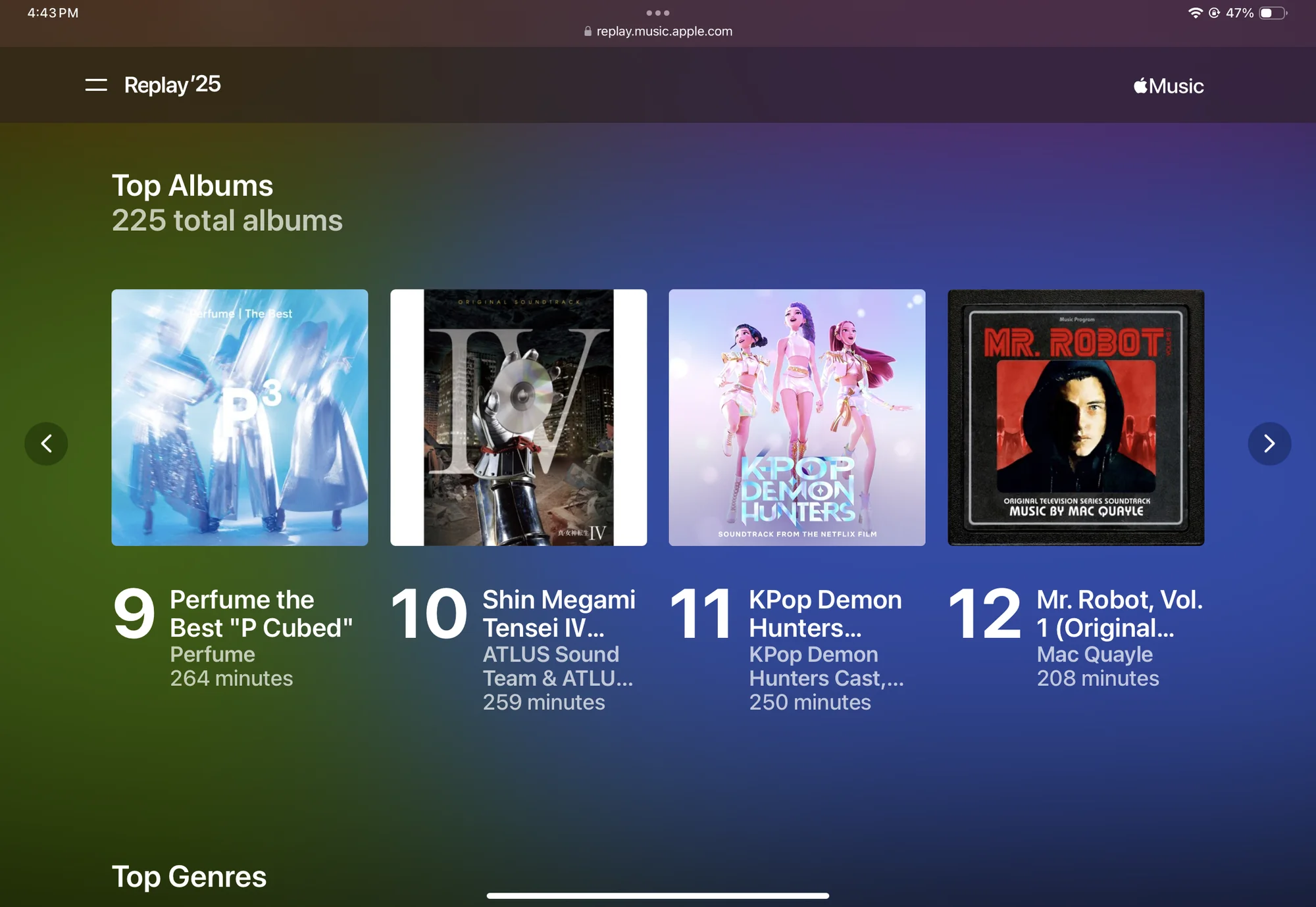 Apple Music Replay 2025 showing top albums: 9. Perfume the Best 'P Cubed' - Perfume - 264 min 10. Shin Megami Tensei IV Original Soundtrack - ATLUS Sound Team - 259 min 11. KPop Demon Hunters (Soundtrack from the Netflix Film) - KPop Demon Hunters Cast - 250 min 12. Mr. Robot, Vol. 1 (Original Television Series Soundtrack) - Mac Quayle - 208 min
