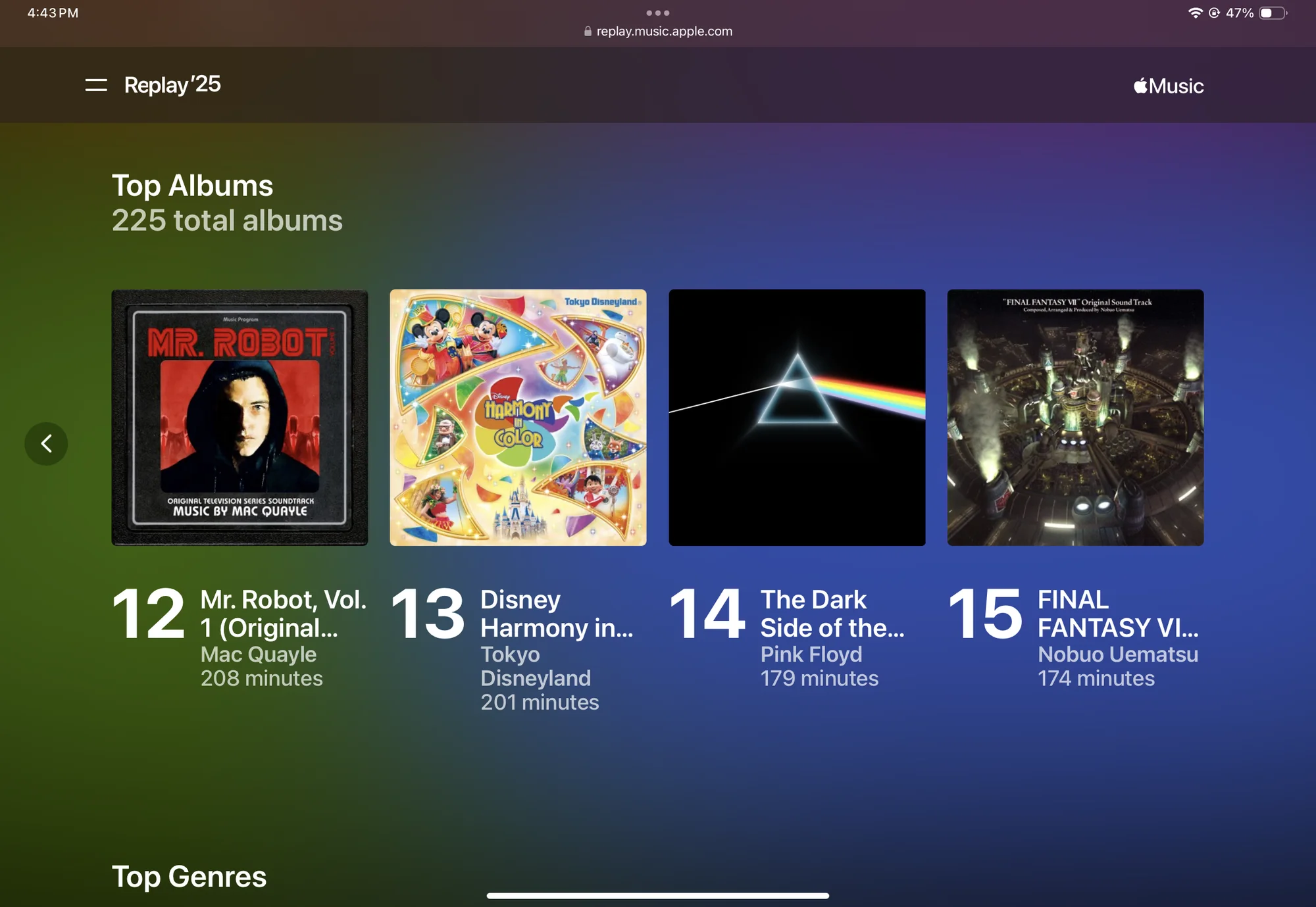Apple Music Replay 2025 showing top albums: 12. Mr. Robot, Vol. 1 (Original Television Series Soundtrack) - Mac Quayle - 208 min 13. Disney Harmony in Color - Tokyo Disneyland - 201 min 14. The Dark Side of the Moon - Pink Floyd - 179 min 15. FINAL FANTASY VII Original Soundtrack - Nobuo Uematsu - 174 min
