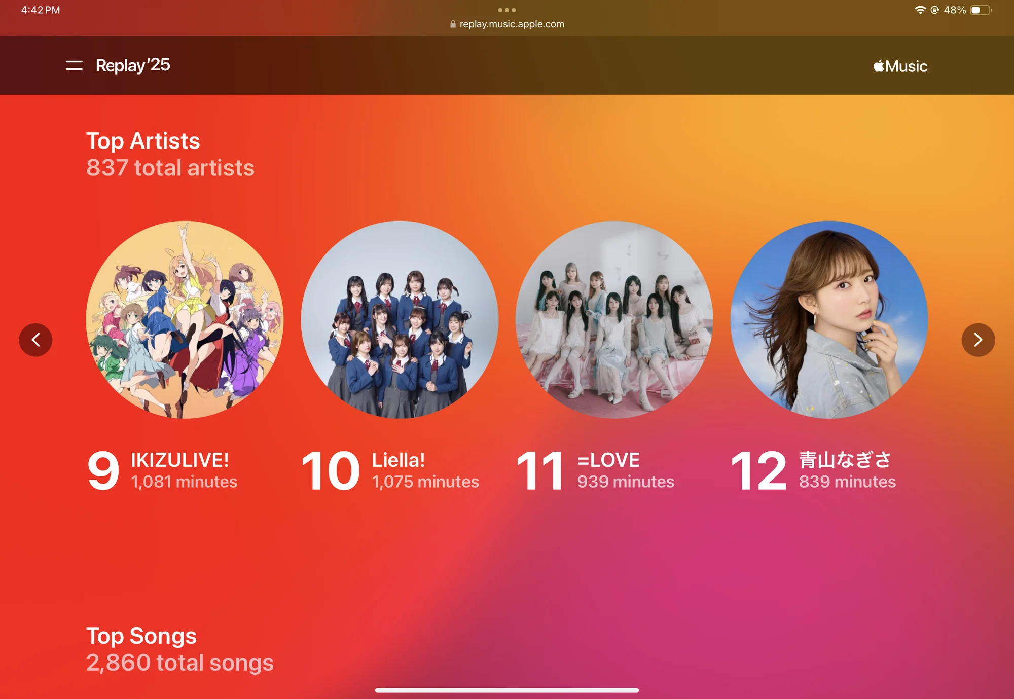 Apple Music Replay 2025 showing top artists: 9. IKIZULIVE! - 1,081 minutes 10. Liella! - 1,075 minutes 11. =LOVE - 939 minutes 12. 青山なぎさ (Nagisa Aoyama) - 839 minutes
