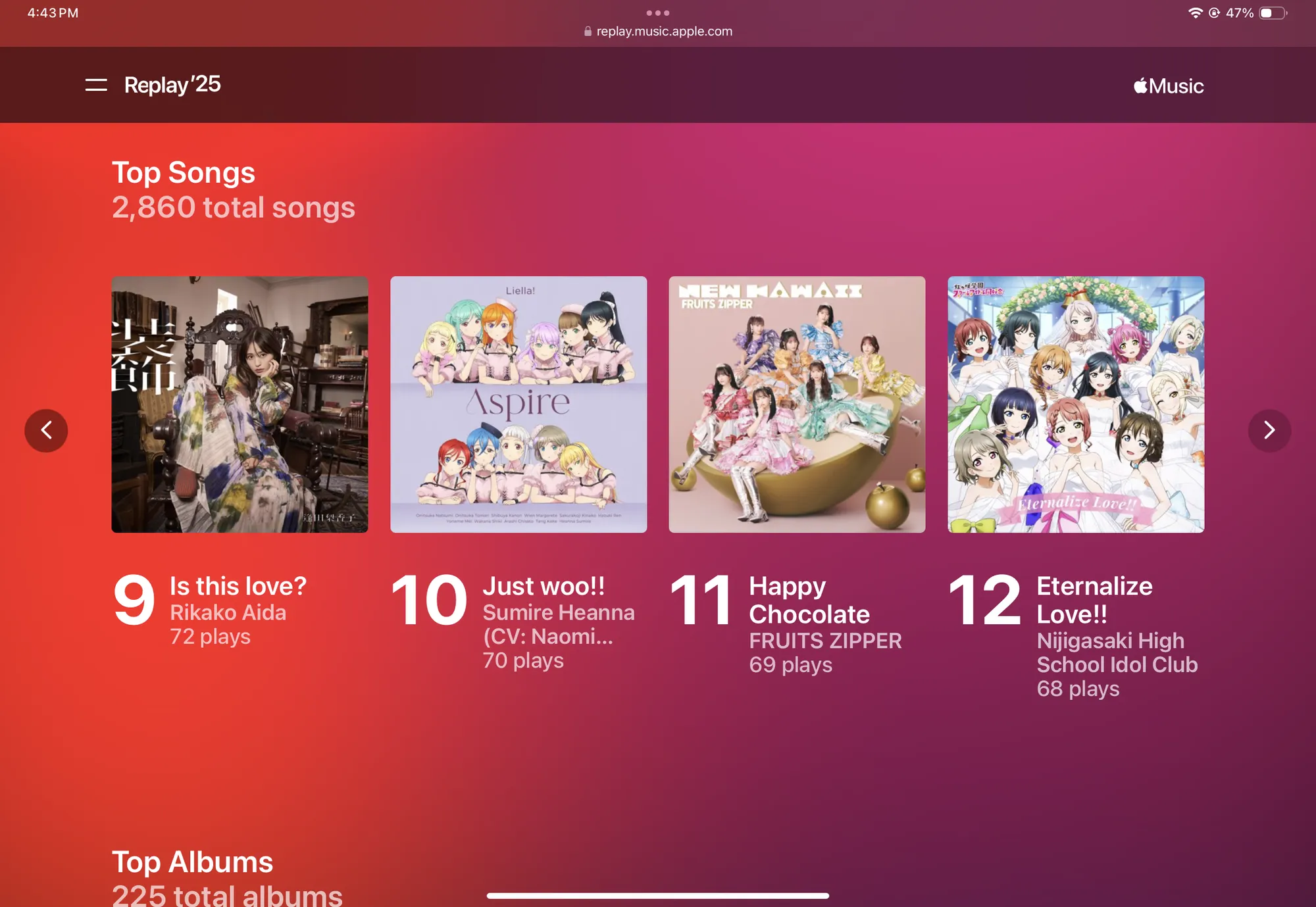 Apple Music Replay 2025 showing top songs: 9. Is this love? - Rikako Aida - 72 plays 10. Just woo!! - Sumire Heanna (CV: Naomi Payton) - 70 plays 11. Happy Chocolate - FRUITS ZIPPER - 69 plays 12. Eternalize Love!! - Nijigasaki High School Idol Club - 68 plays