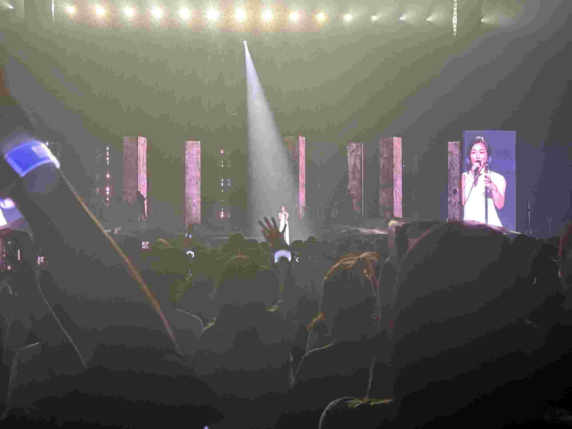 Hikaru Utada performing under a spotlight on a dimly lit stage, flanked by tall, textured panels. A large screen displays a close-up of them singing, while the crowd enthusiastically waves glow bands and captures the moment on their phones