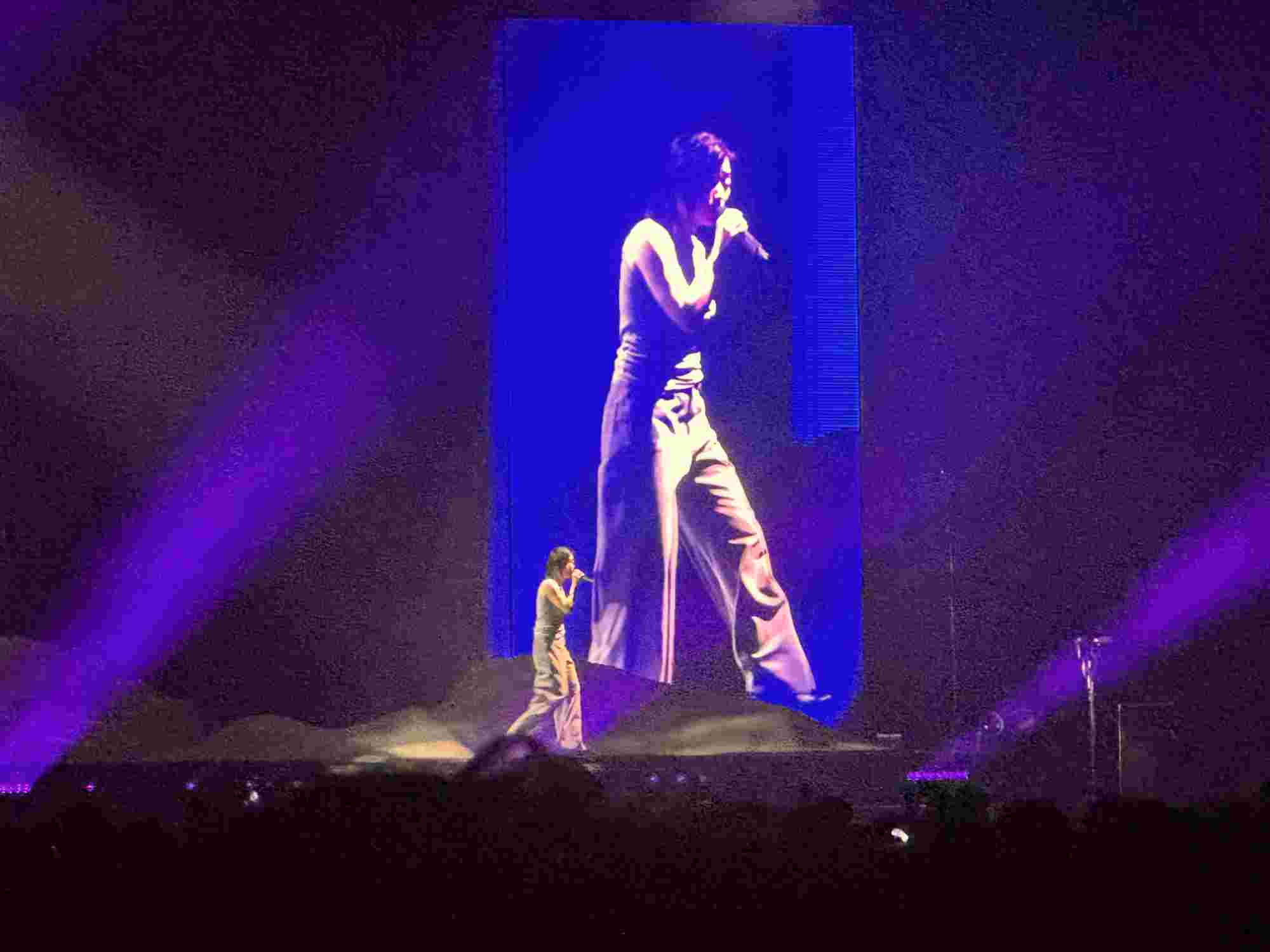 Hikaru Utada performing on stage under purple lighting, dressed in a casual, flowing outfit. A towering screen behind them displays a vivid close-up of their performance, emphasizing their dynamic stage presence