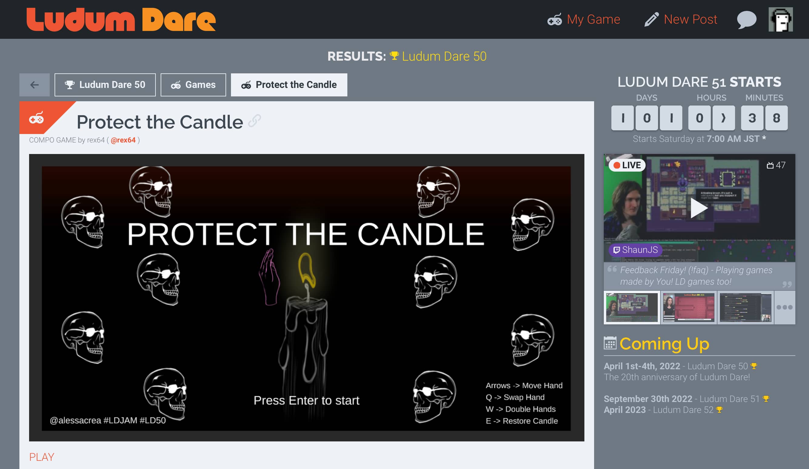 Protect the Candle Ludum Dare 50 entry page