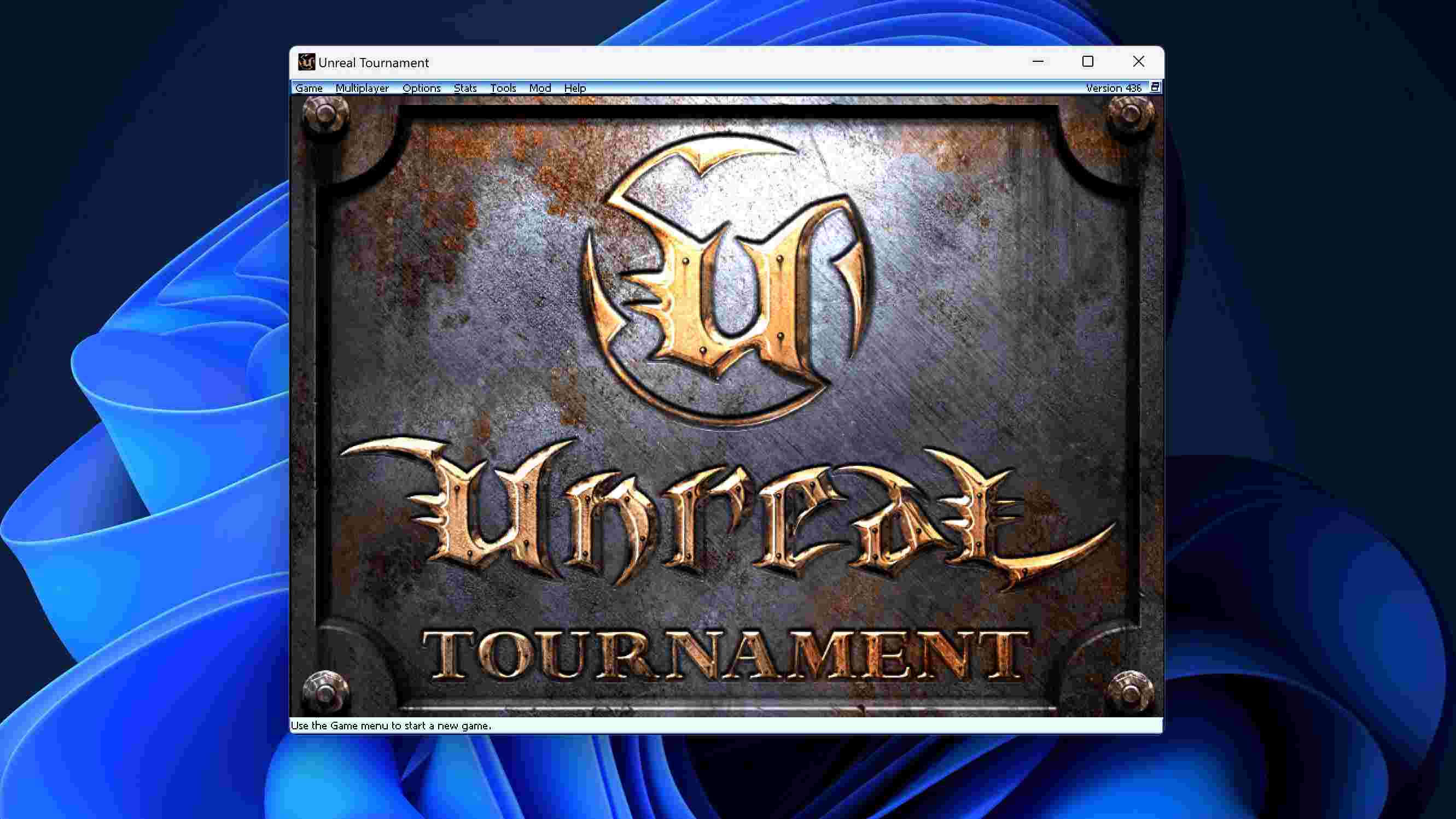 Unreal Tournament main menu screen displayed on a modern desktop, featuring the iconic metallic logo and version 436