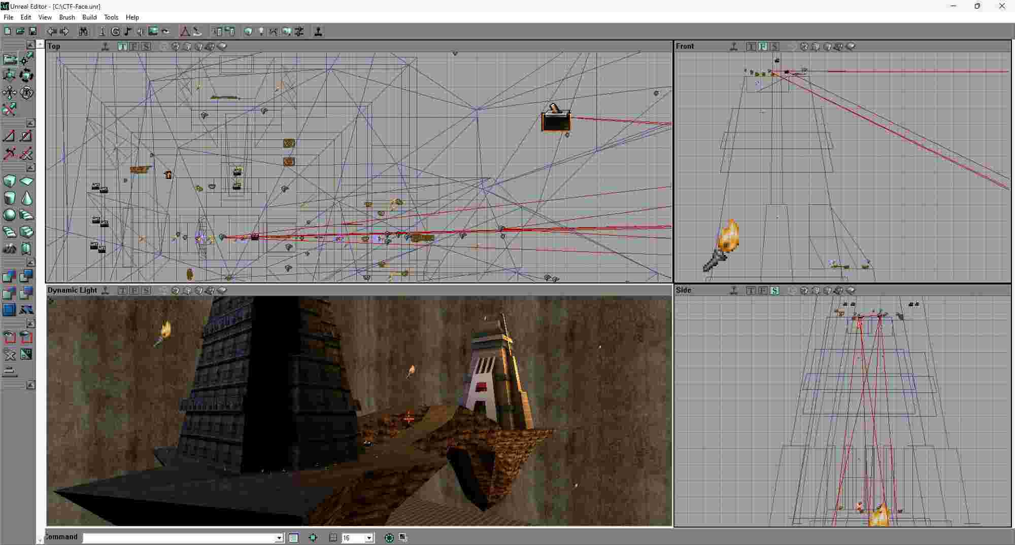 A screenshot of the Unreal Editor (UnrealEd) interface showcasing the iconic map 'Facing Worlds' (CTF-Face) from Unreal Tournament. The editor window is split into multiple views: top-down, front, side, and a dynamic 3D perspective. The 3D view highlights the distinctive tower structure and floating platform of the map, accompanied by dynamic lighting and fire torch effects. The grid views display the intricate layout and connections of the map's design, including player spawn points and pathways