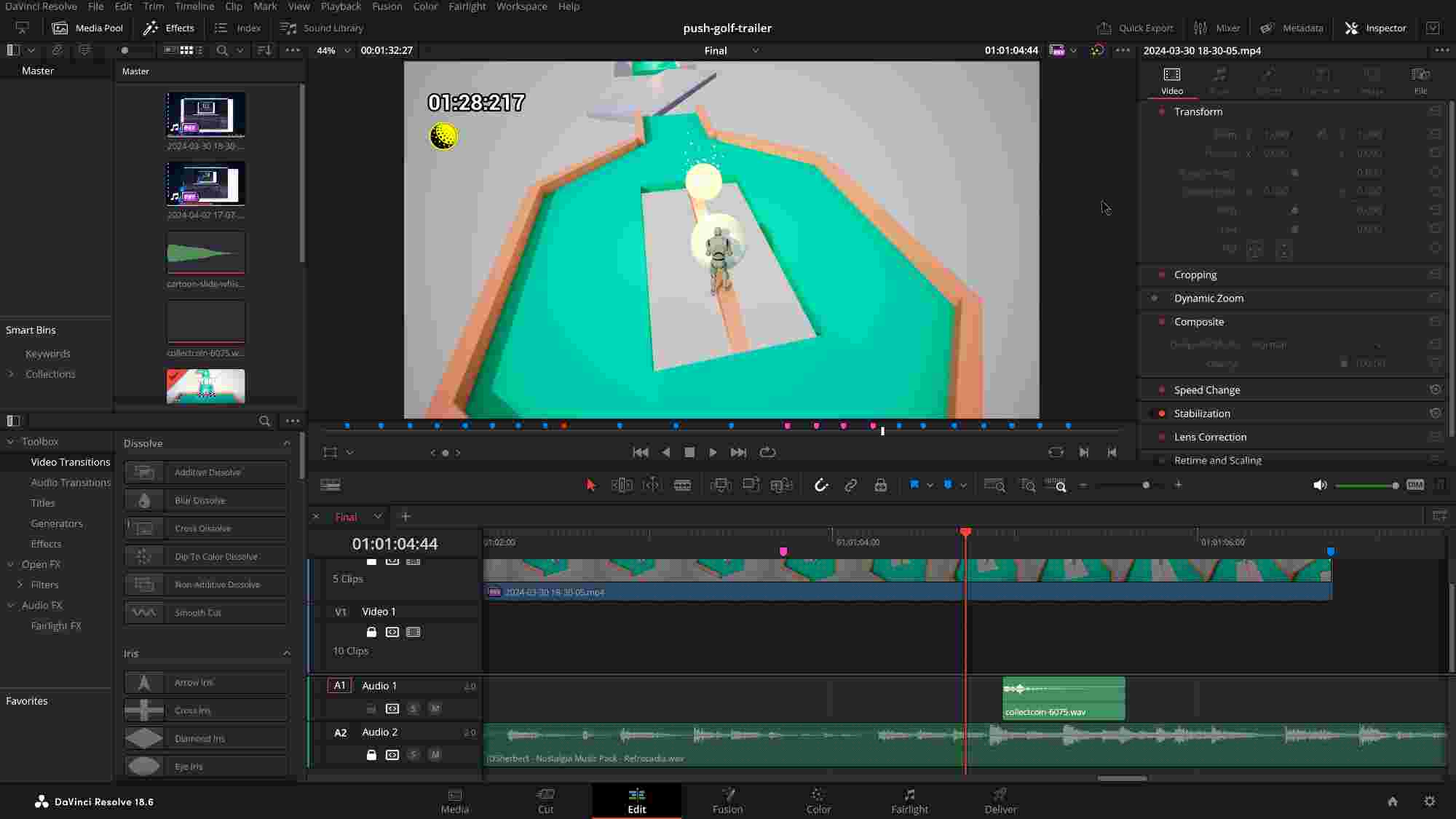 Editing interface of DaVinci Resolve 18.6, where a trailer for Push Golf is being edited