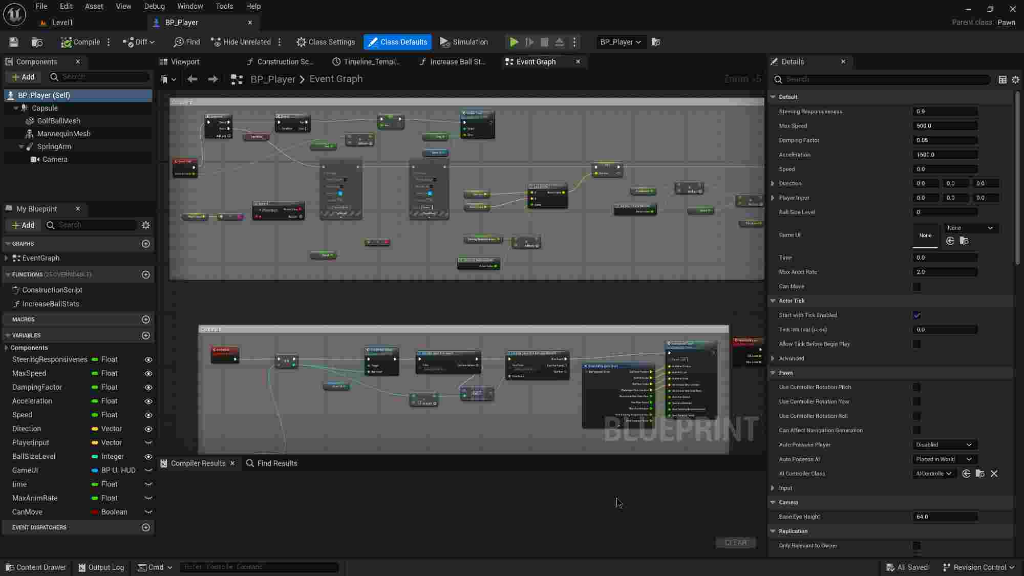 Unreal Engine Blueprint editor displaying an Event Graph for the BP_Player class. The visual scripting layout consists of connected nodes handling movement, input, and logic for the player. On the right side, the Details panel shows properties like max speed, acceleration, and other gameplay parameters