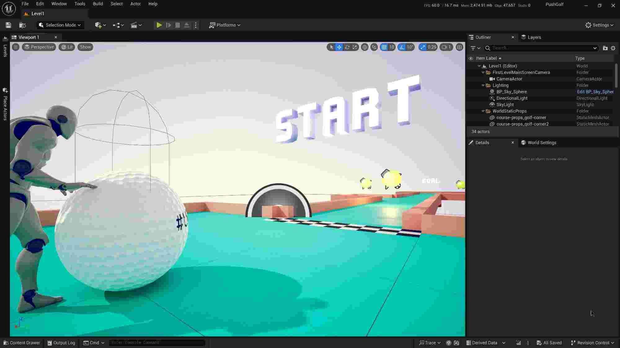 Unreal Engine editor showing a 3D scene from Push Golf. A humanoid robot pushes a giant golf ball near a starting line marked by large 'START' letters. The course ahead features orange borders, a checkered finish line, glowing yellow targets, and a 'GOAL' marker in the distance. The Outliner panel on the right lists scene objects and lighting elements