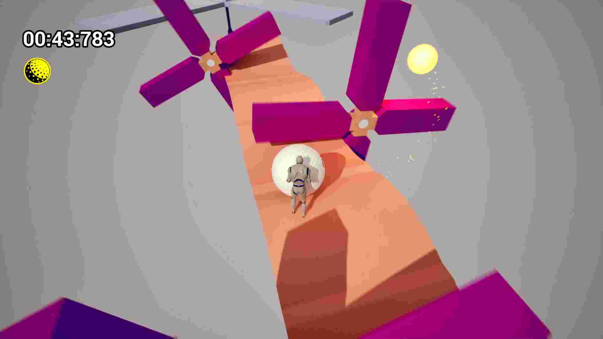 Gameplay screenshot from Push Golf, showing a humanoid robot pushing a giant golf ball along an orange track. The track is obstructed by large rotating purple windmill blades. A yellow timer in the top left corner shows 00:43.783, and a yellow golf ball icon is displayed below it