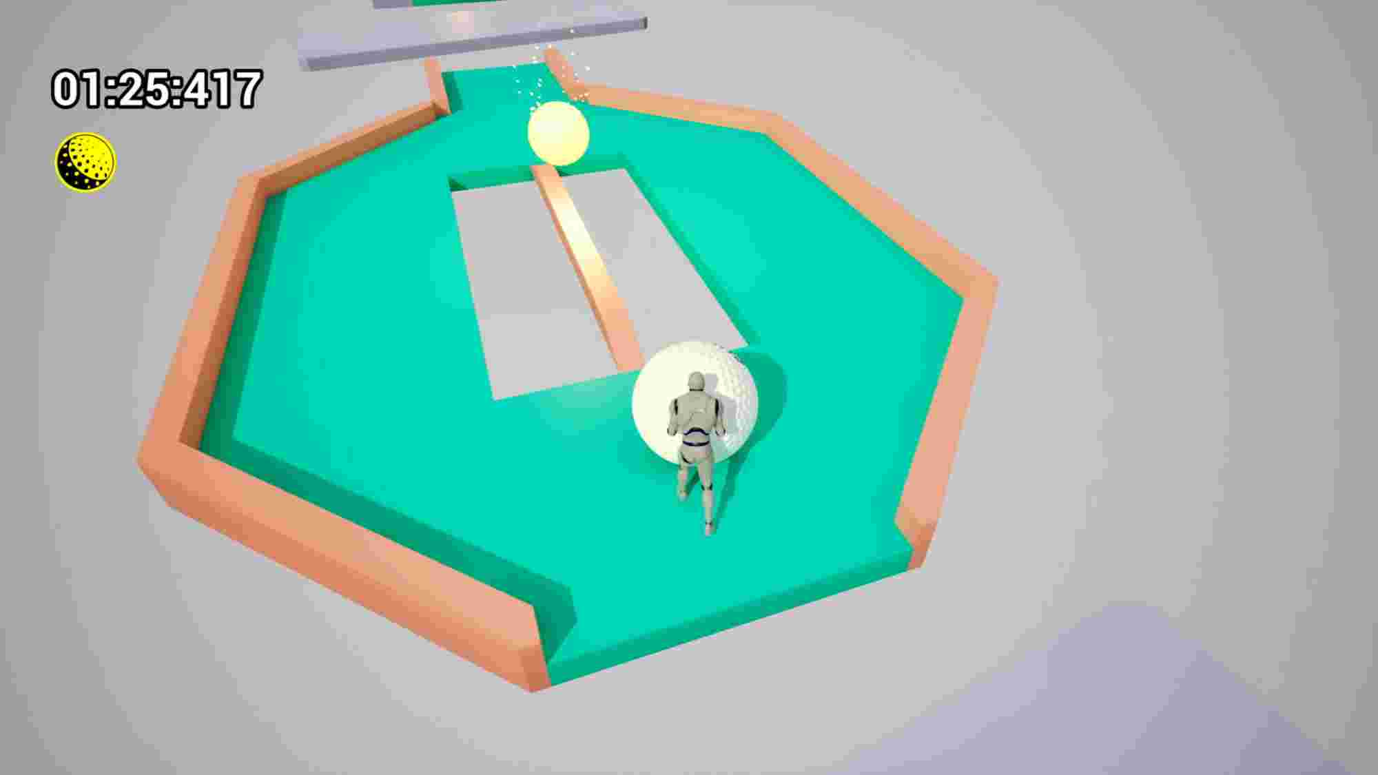 Gameplay screenshot from Push Golf, showing a humanoid robot pushing a giant golf ball toward a glowing yellow ball on a green, enclosed platform with orange borders. A timer in the top left corner displays 01:25.417, and a yellow golf ball icon appears below it