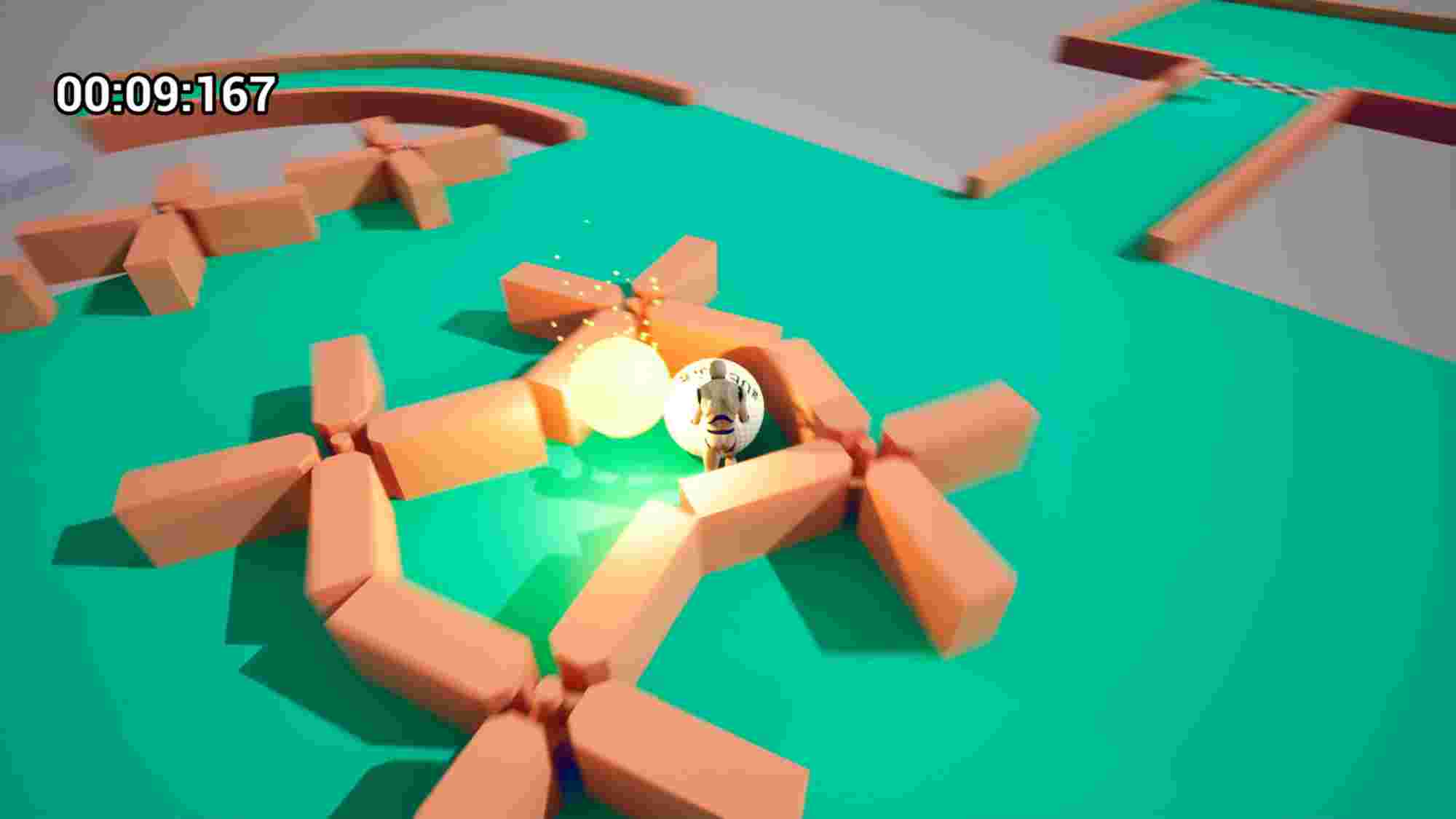 Gameplay screenshot from Push Golf, showing a humanoid robot pushing a giant golf ball toward a glowing yellow target ball. The scene features interconnected orange barriers arranged in a star-like pattern on a bright green surface. A timer in the top-left corner reads 00:09.167