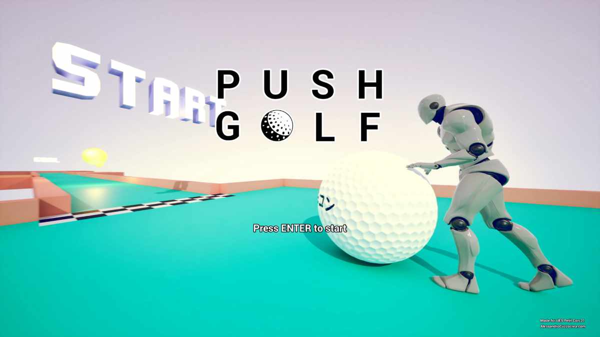 Title screen for 'Push Golf,' featuring a humanoid robot pushing a giant golf ball on a vibrant green surface. The word 'START' is displayed in large letters on the left side, with 'Press ENTER to start' at the center. A stylized golf course and bright sky serve as the background