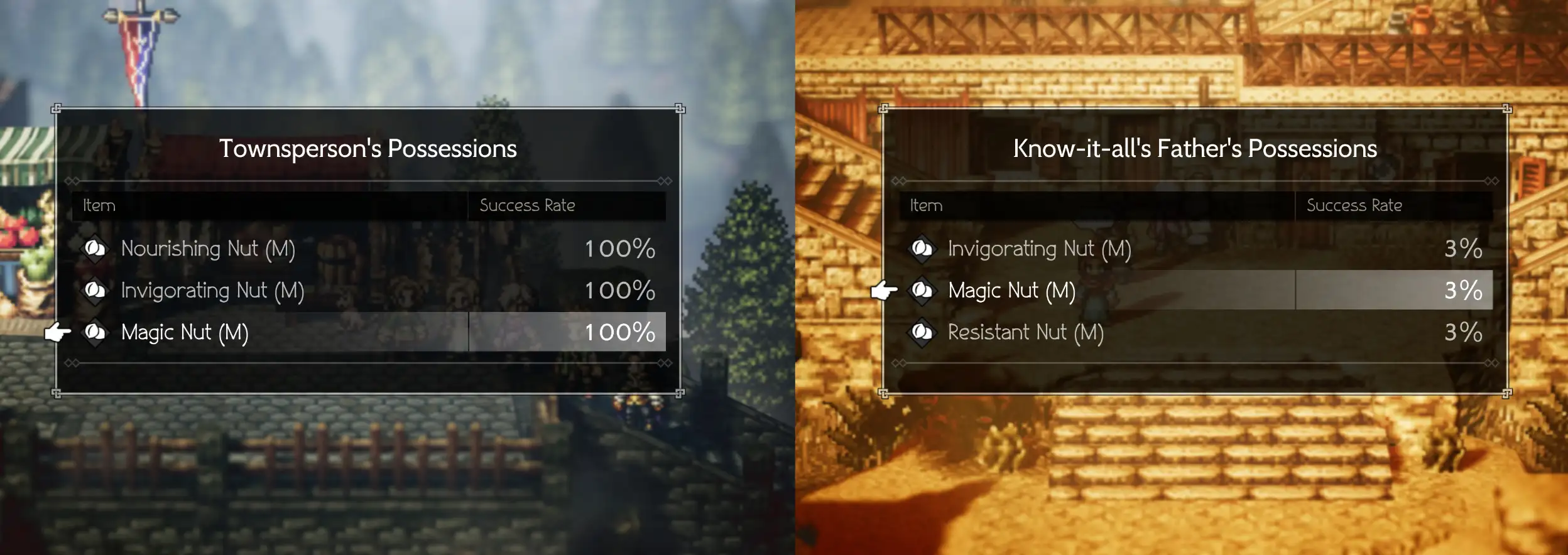 Comparison of Therion's Steal success rates for a Magic Nut (M) in Victors Hollow and Marsalim