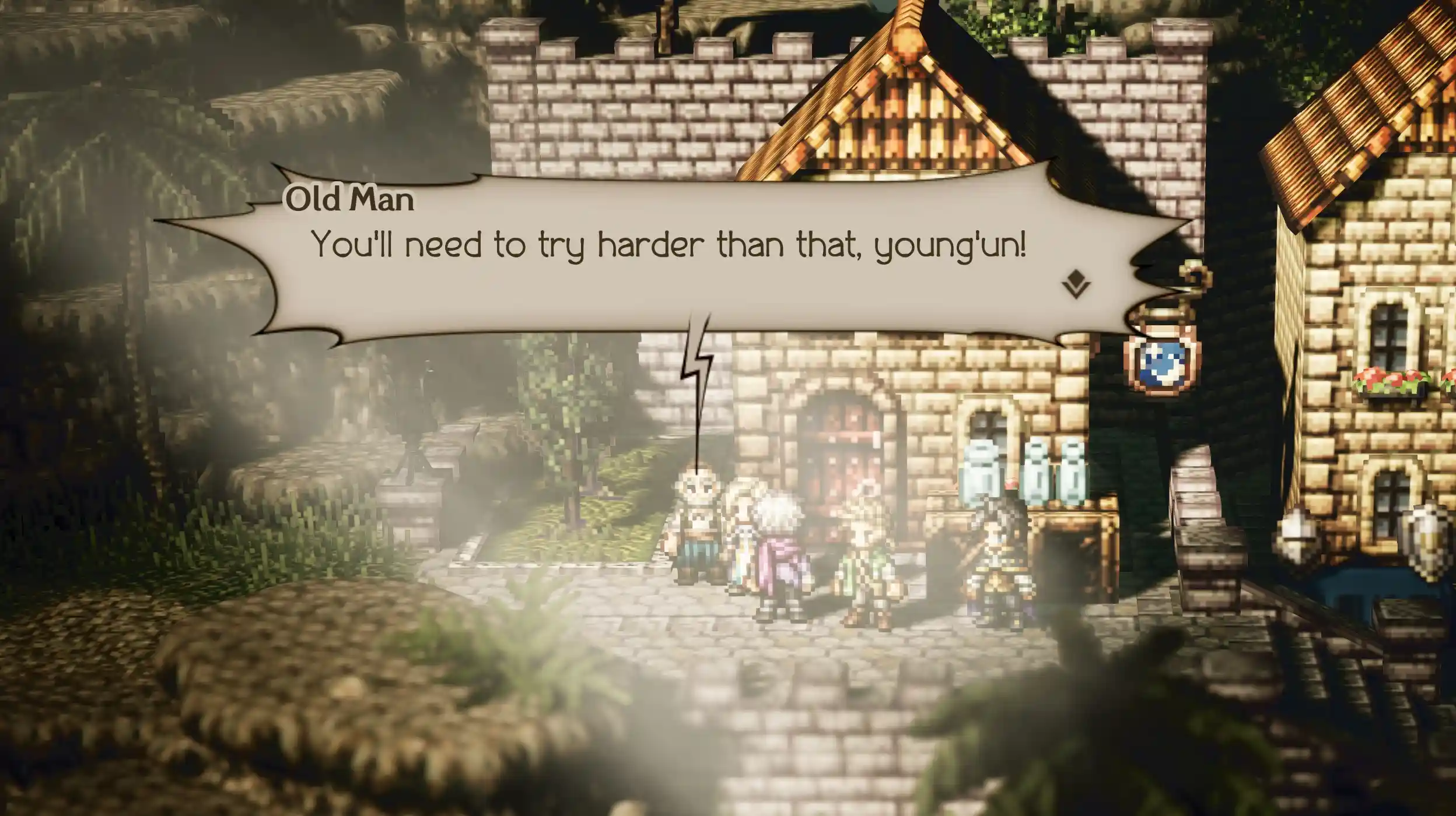 A gameplay screenshot of the HD-2D RPG Octopath Traveler, showing the protagonist party (including the white-haired Thief Therion) trying and failing a Steal attempt on an NPC named 'Old Man' in a sunlit, stone-built coastal town. The Old Man's dialogue bubble reads: 'You'll need to try harder than that, young'un!' in response to the unsuccessful Path Action, with historic-style houses, palm trees, and rocky cliffs visible in the background