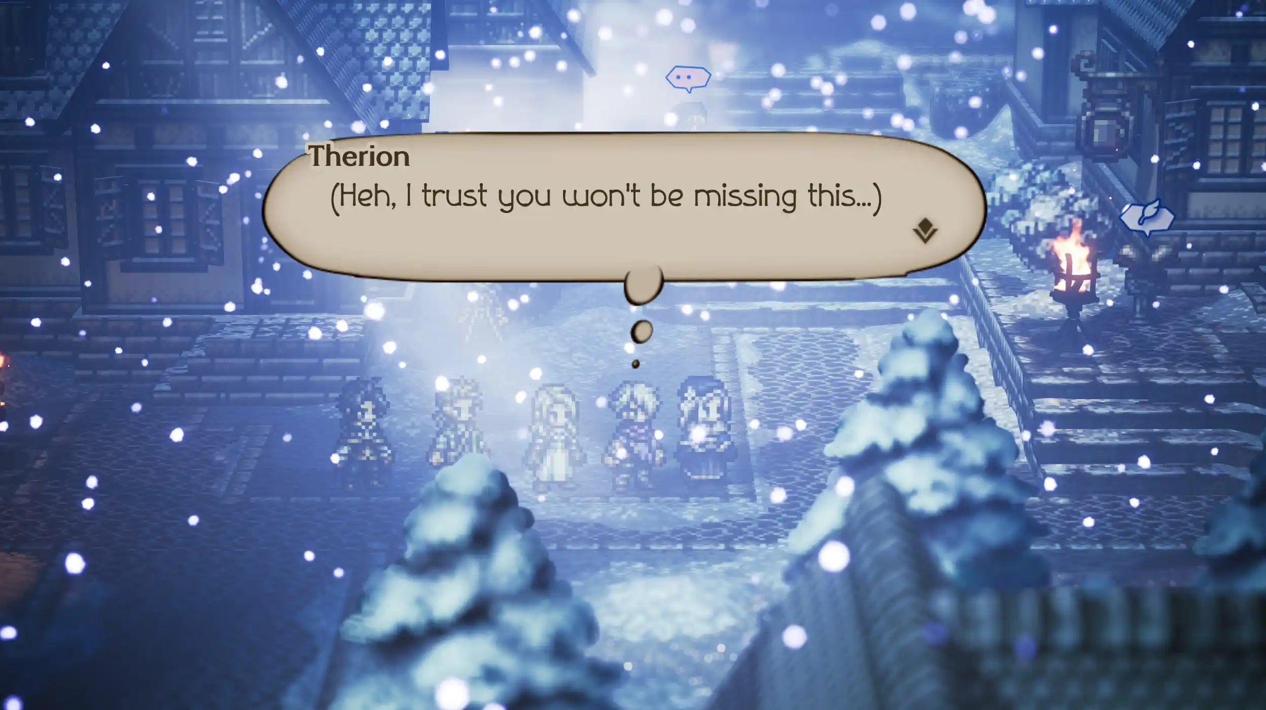 A gameplay screenshot from Octopath Traveler set in the snowy town of Northreach at night, during a successful steal by Therion. He stands in the snowy square surrounded by his party and an NPC, with heavy snow falling. A thought bubble above him reads: 'Therion: (Heh, I trust you won't be missing this...)' while the town's dimly lit, historic-style houses and pine trees are visible under the snowfall