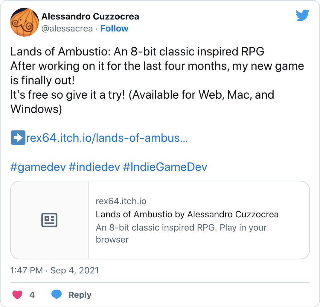 Lands of Ambustio: An 8-bit classic inspired RPG After working on it for the last four months, my new game is finally out! It's free so give it a try! (Available for Web, Mac, and Windows) #gamedev #indiedev #IndieGameDev